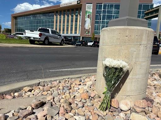Flowers seen outside the Keller Building on the Utah Valley University campus in Orem, Utah, after news broke that Charlie Kirk had died after he was shot during a visit to the university on Wednesday (AP Photo/Hannah Schoenbaum)