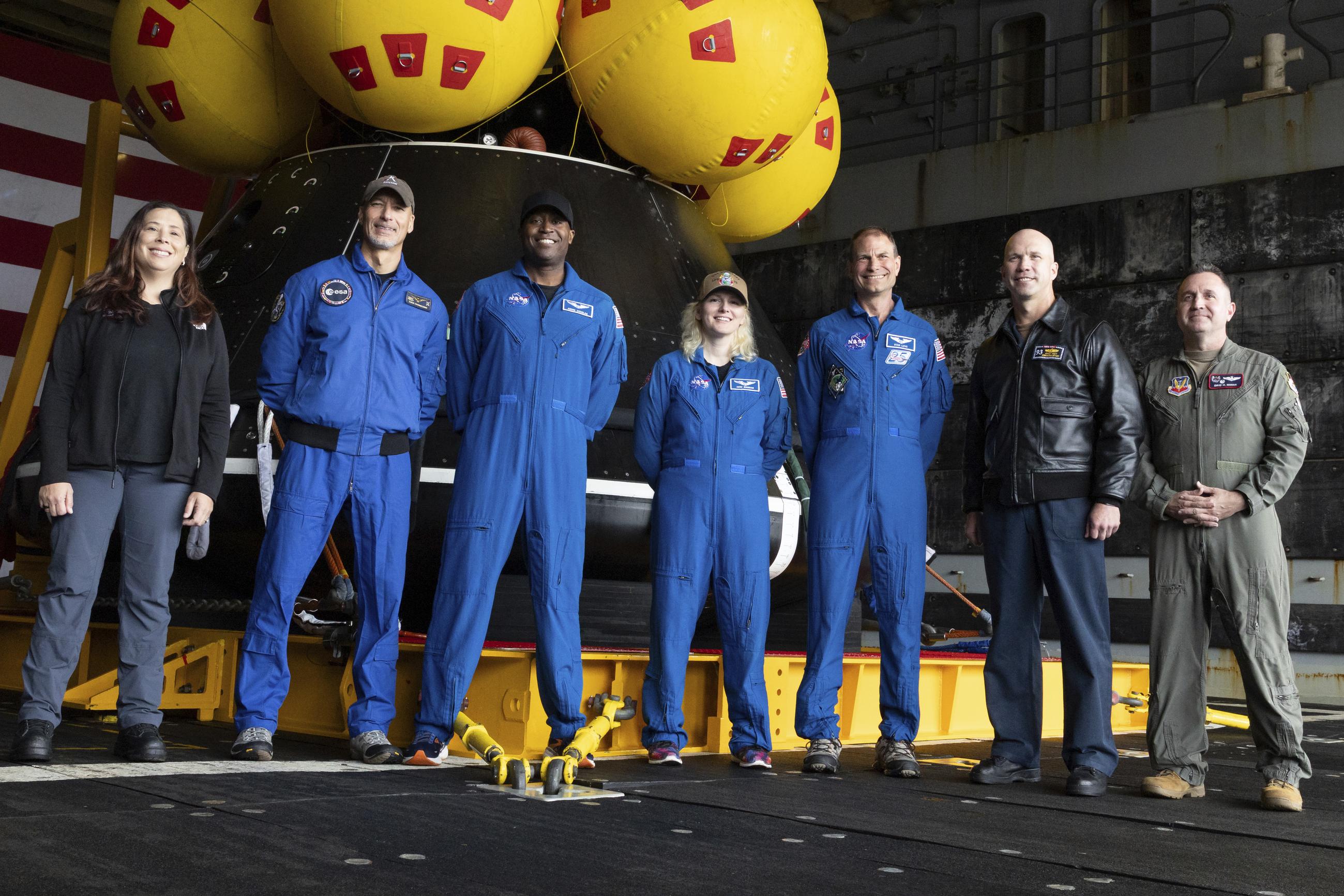 Astronauts at a press event regarding recovery operations for the Artemis II moon mission at Naval Base San Diego in March (AP Photo/Zoë Meyers)