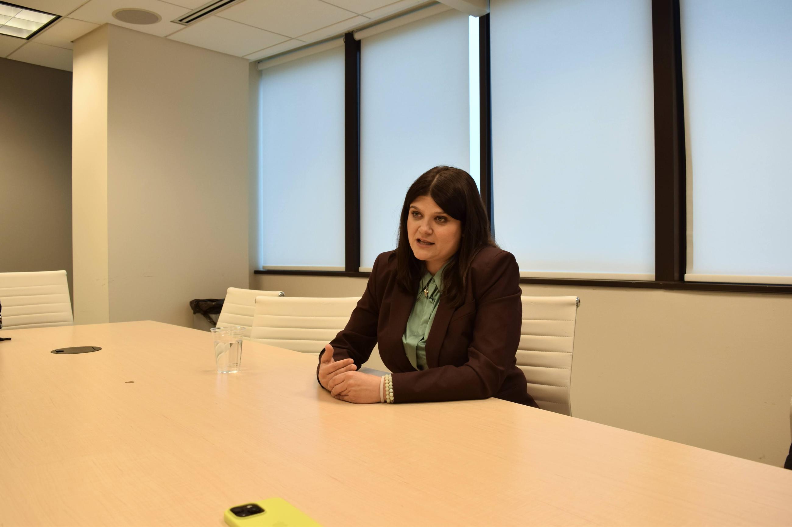 Rep. Haley Stevens of Michigan sits for an interview at National Journal Group's Watergate offices on Sept. 16.
