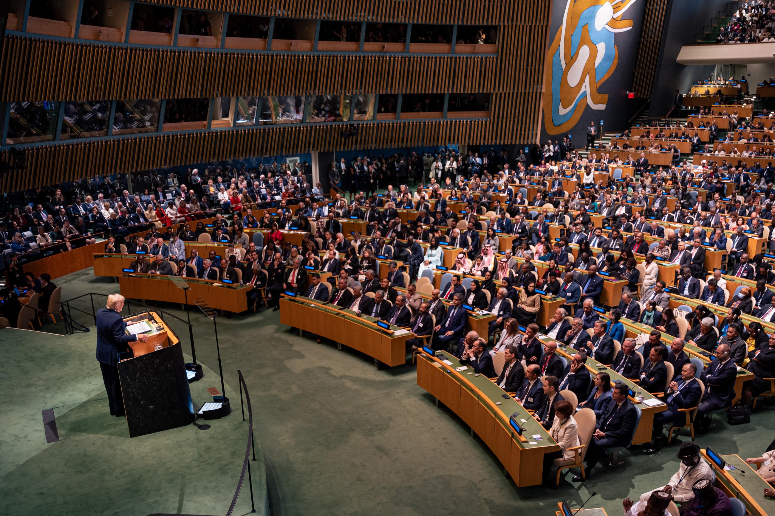 President Trump addresses the 80th session of the United Nations General Assembly in New York on Tuesday. (AP Photo/Angelina Katsanis)