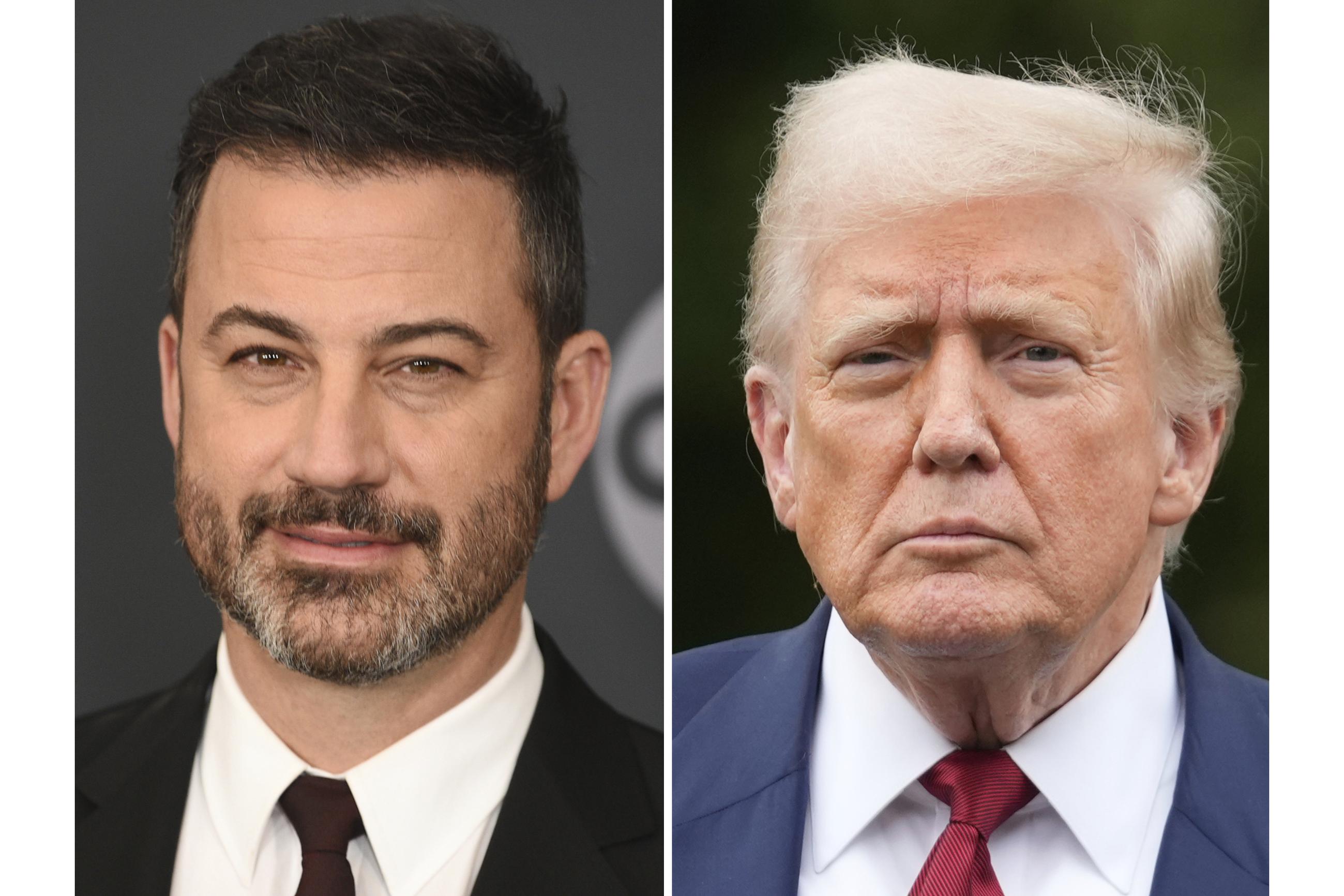 Jimmy Kimmel appears at the Walt Disney Television upfront in New York on May 14, 2019, left, and President Donald Trump appears on the South Lawn of the White House on Aug. 1, 2025, in Washington. (AP Photo)