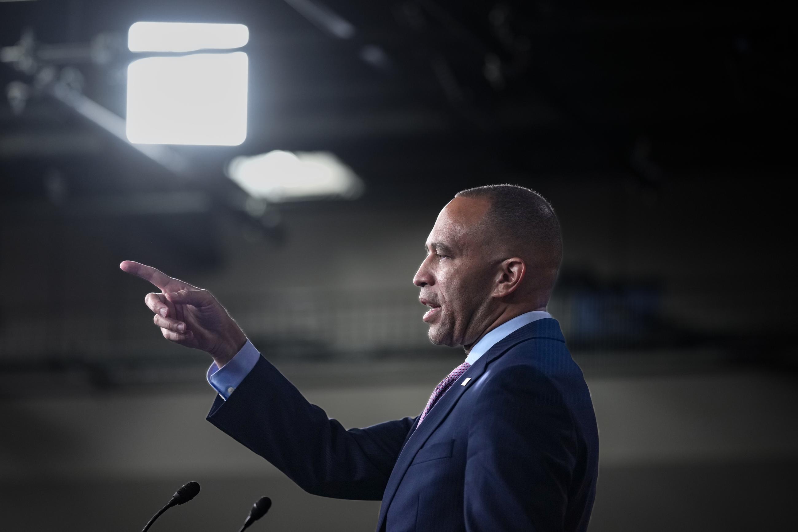 House Minority Leader Hakeem Jeffries speaks with reporters at the Capitol on Thursday, days before federal funding runs out that could trigger a government shutdown. (AP Photo/J. Scott Applewhite)