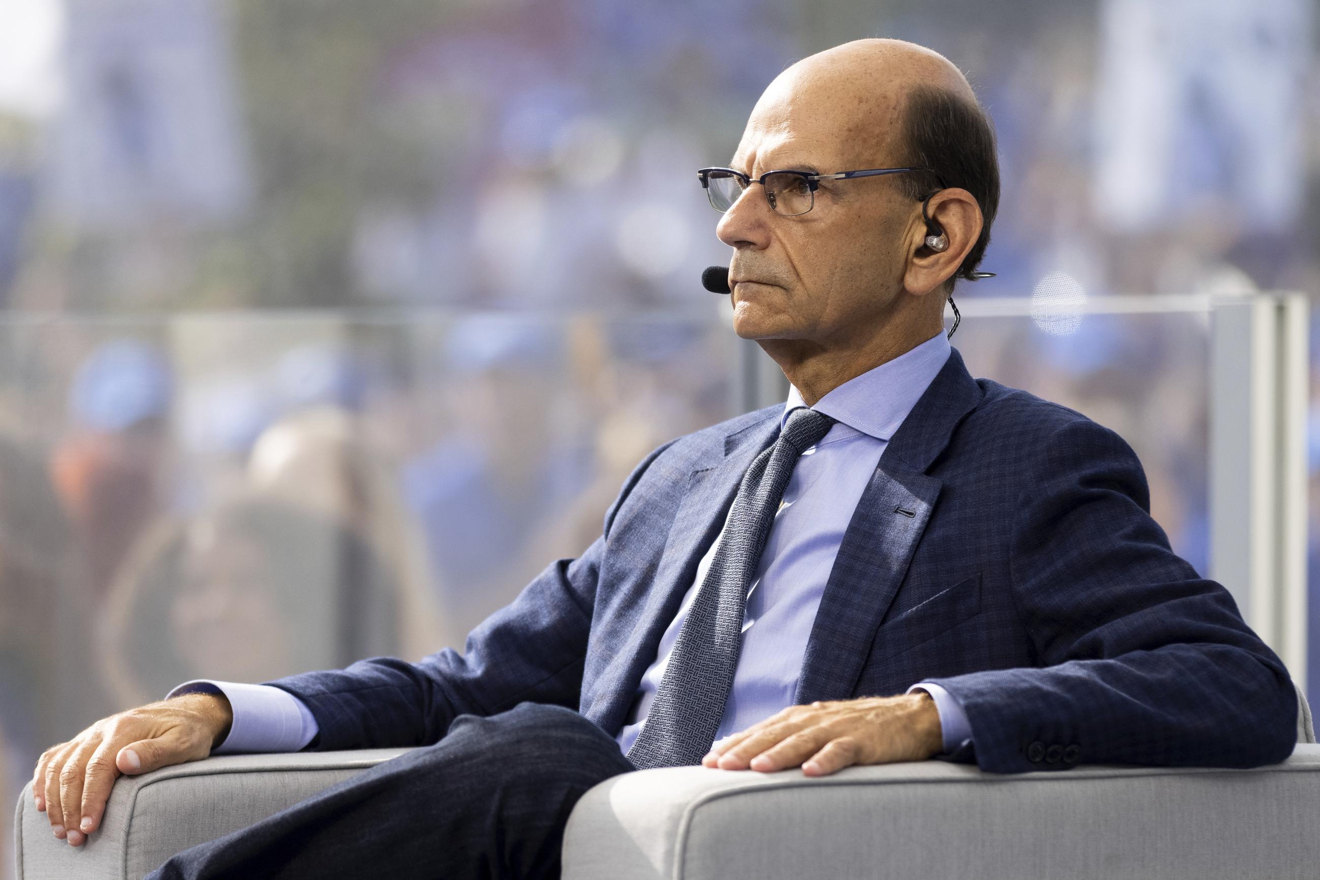 SEC Nation host Paul Finebaum listens to his co-hosts during the SEC Nation broadcast in Lexington, Ky., Saturday, Oct. 9, 2021. (AP Photo/Michael Clubb)