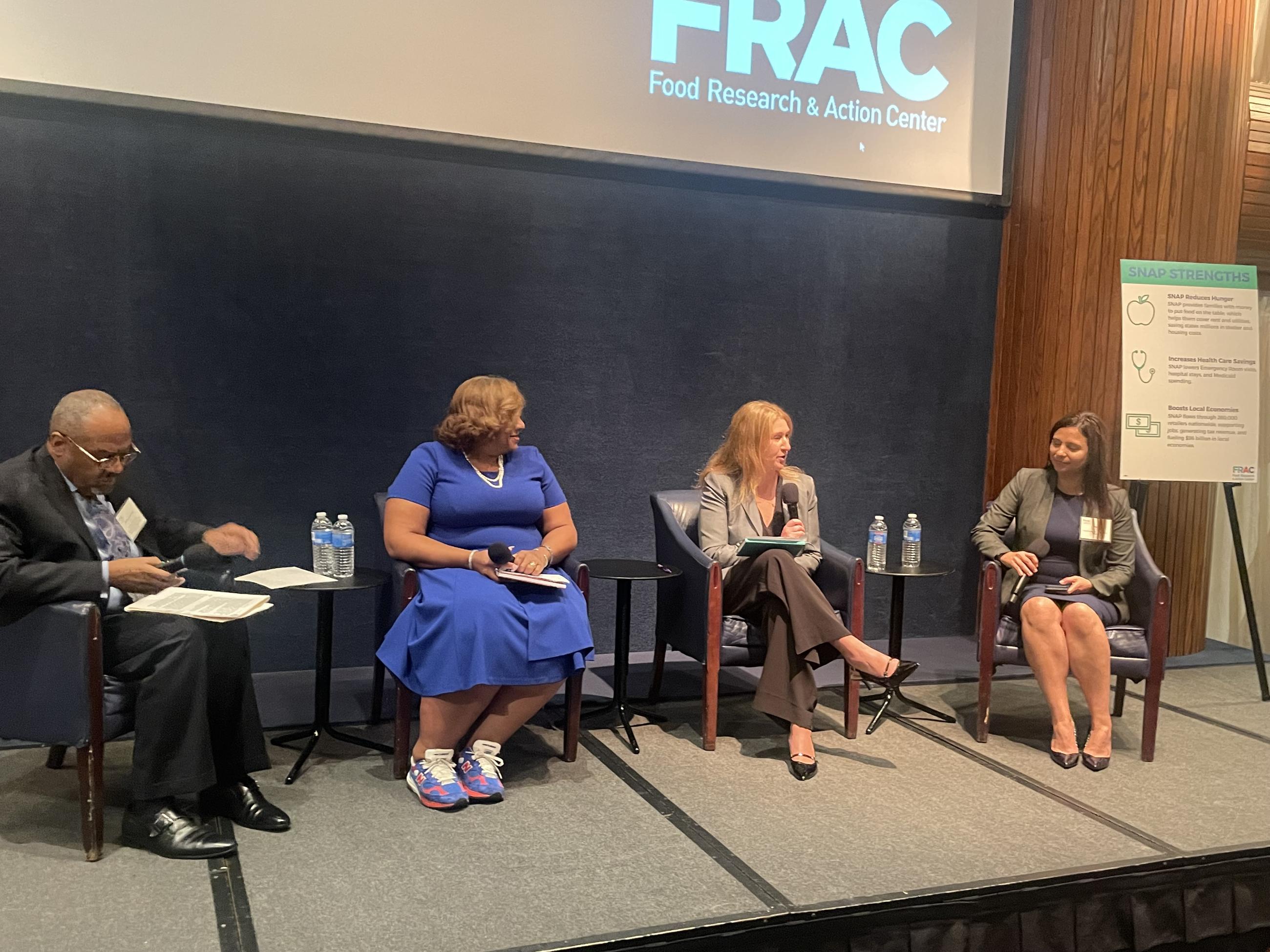 At a Food Research & Action Center fundraiser, from left, Eric Bost of Texas A&M (moderator), Mount Vernon, N.Y. Mayor Shawyn Patterson-Howard, Charlotte Bruce of Children's HealthWatch, and Gina Plata-Nino of FRAC. (National Journal/Jerry Hagstrom)