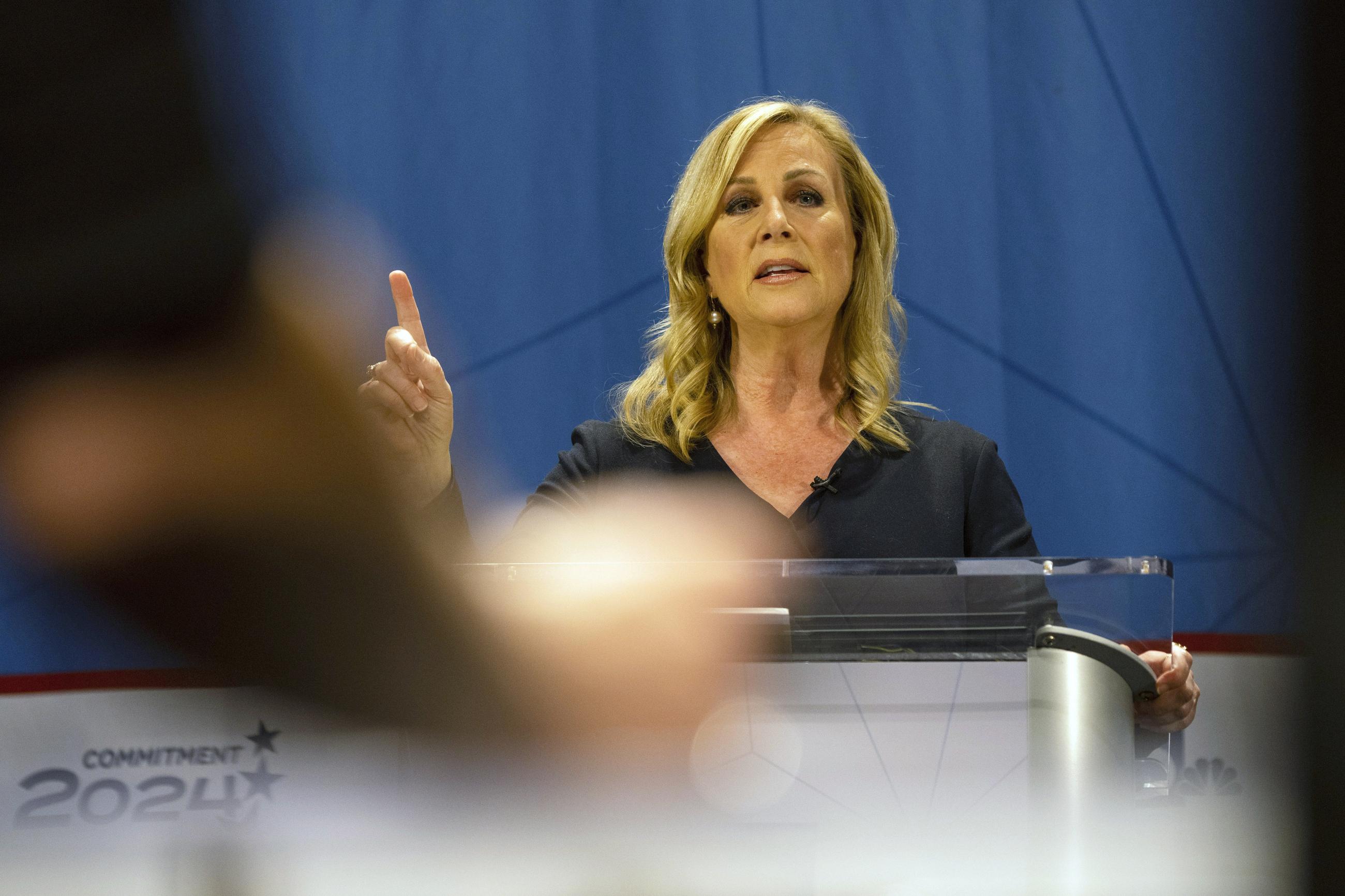 Janelle Stelson, Democratic candidate for Pennsylvania's 10th congressional district, at a debate on April 9, 2024, in York, Pa. (AP Photo/Joe Lamberti)