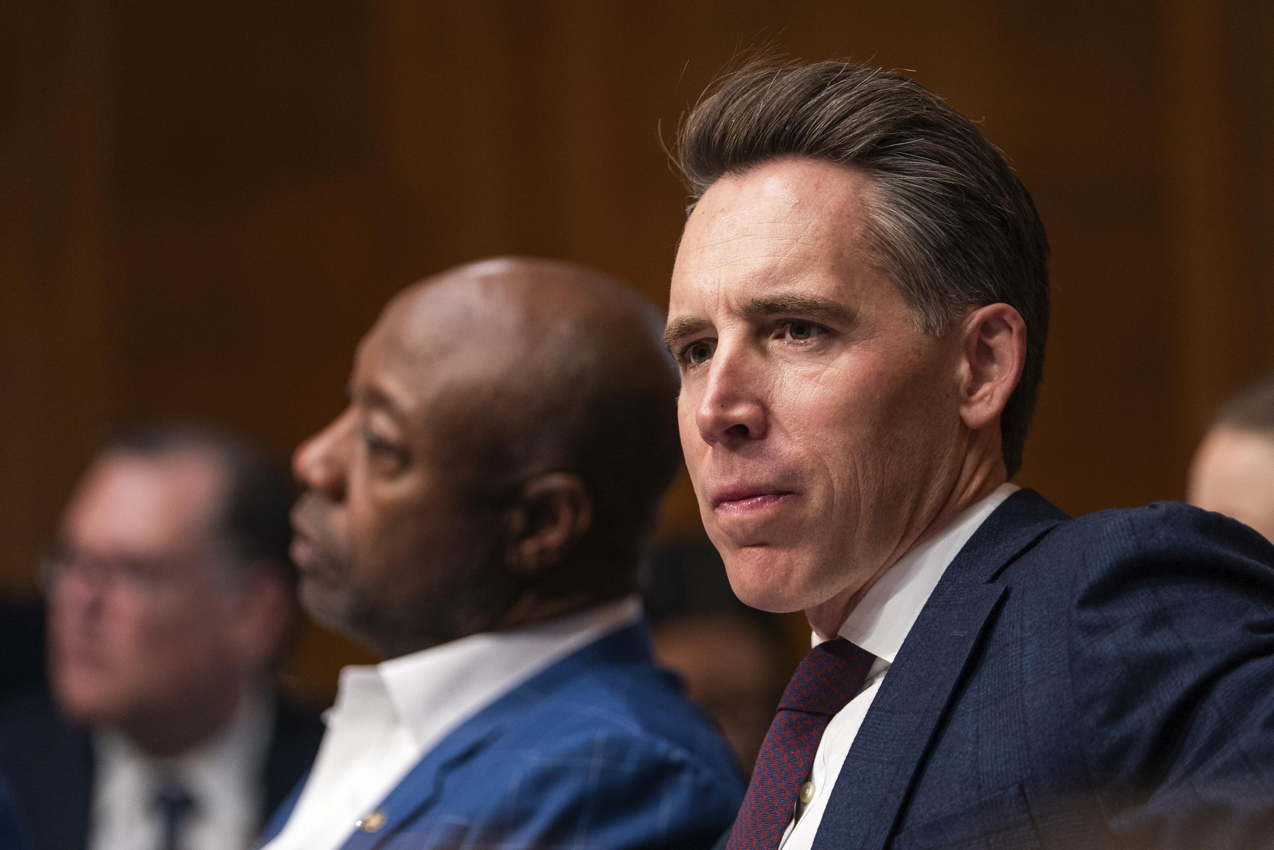 Sen. Josh Hawley at a Health, Education, Labor, and Pensions Committee hearing regarding the effects of artificial intelligence on American families and the workforce on Oct. 9 (AP Photo/Allison Robbert)