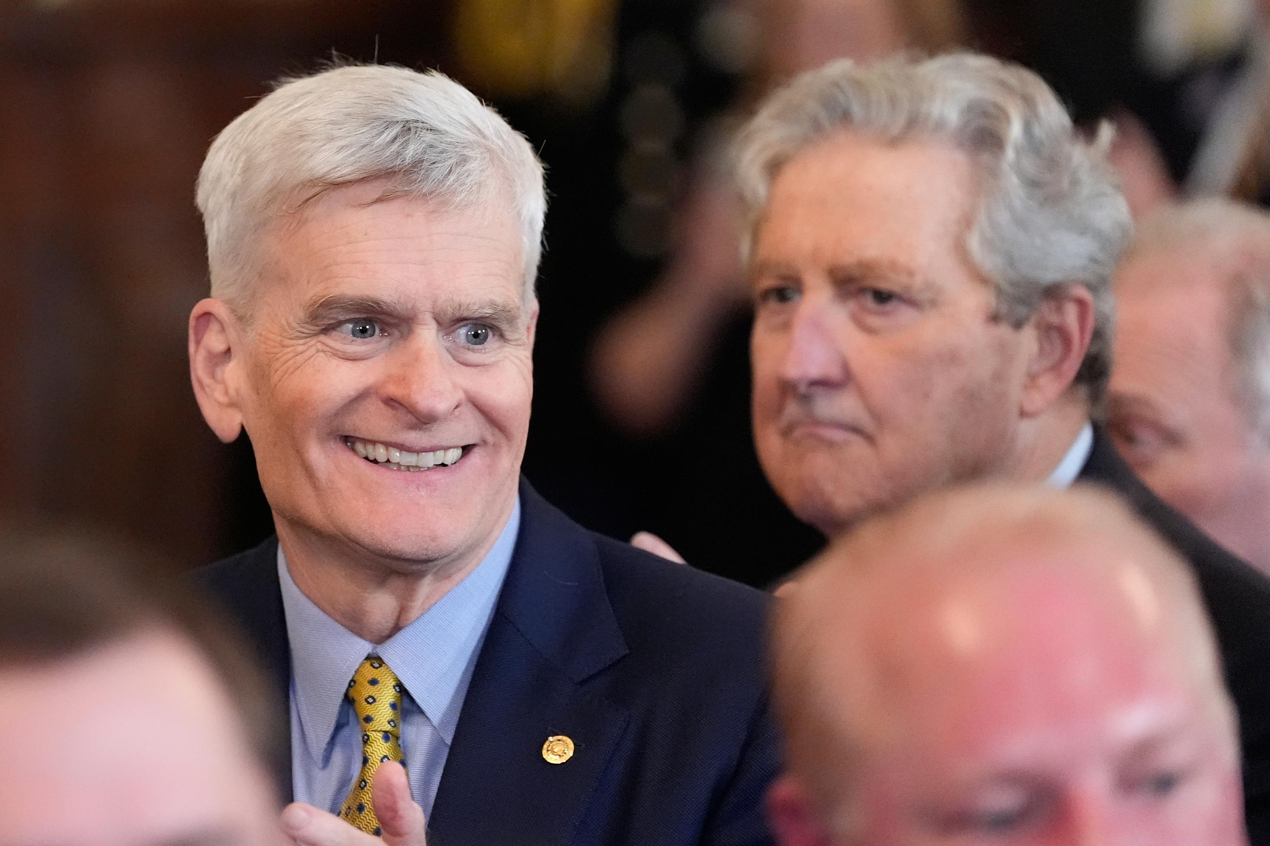 Sens. Bill Cassidy and John Kennedy of Louisiana arrive before President Trump speaks during an event to welcome the 2025 LSU and LSU-Shreveport national champion baseball teams in the East Room of the White House on Monday. (AP Photo/Alex Brandon)