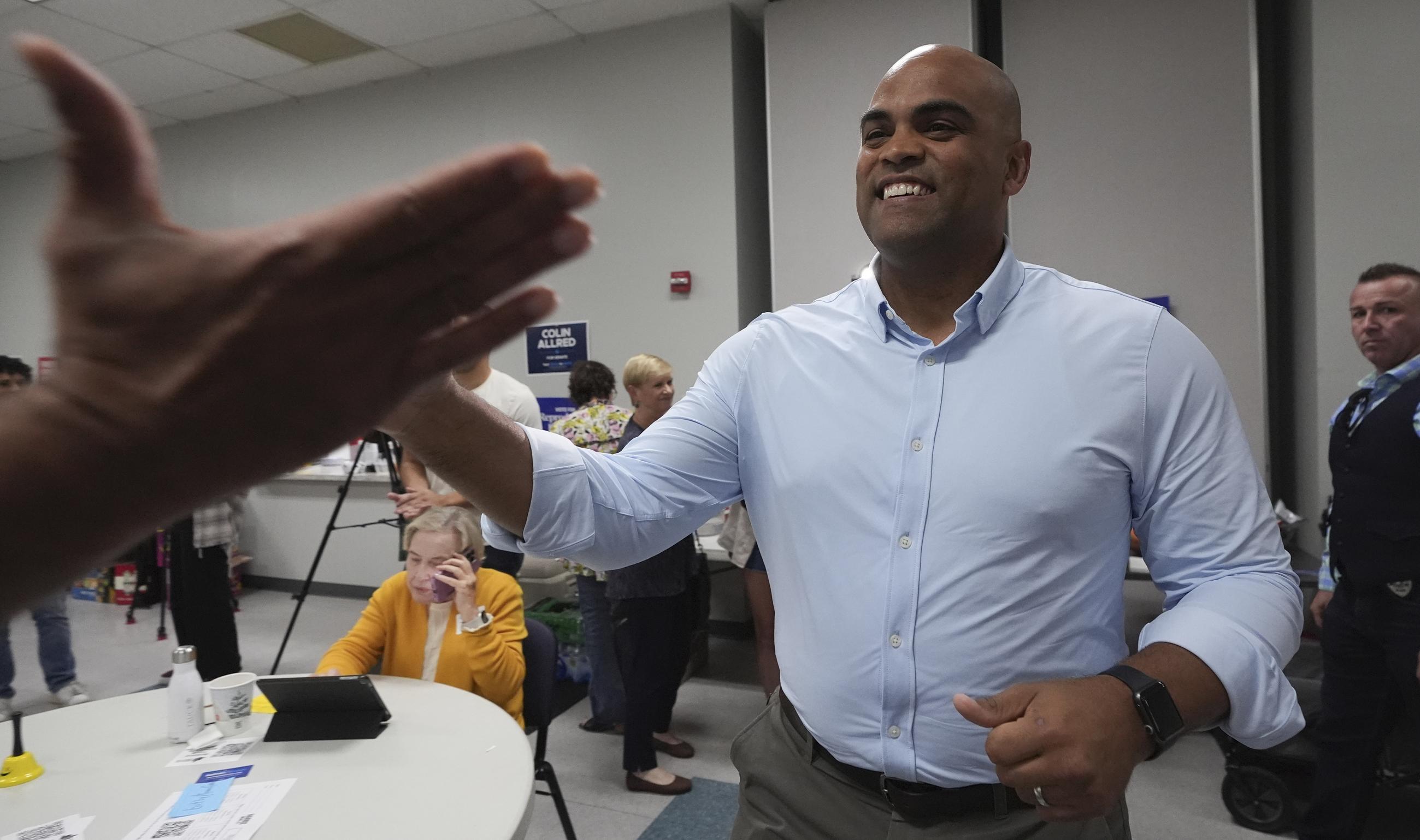 Texas Democratic Senate candidate Rep. Colin Allred arrives to meet supporters at a phone bank in Dallas, Tuesday, Nov. 5, 2024. (AP Photo/Tony Gutierrez)