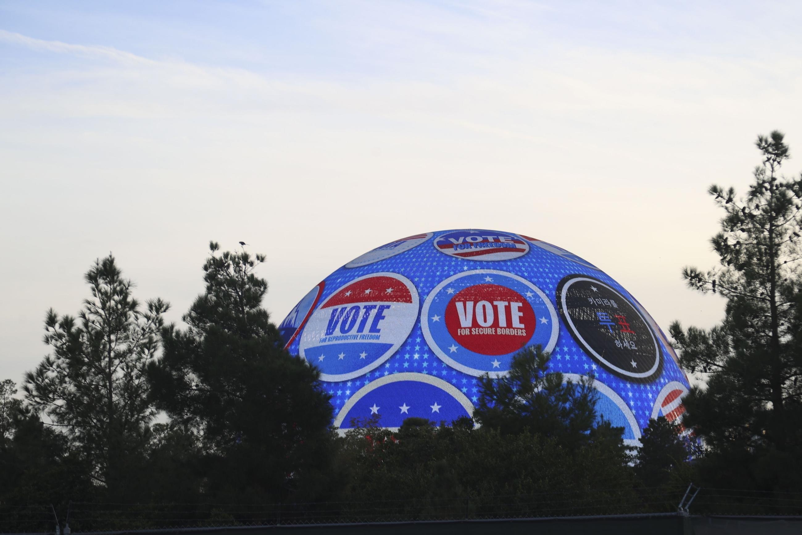The Sphere concert venue in Las Vegas, Nevada displays a digital reminder to vote, Nov. 5, 2024. (AP Photo/Ian Maule)