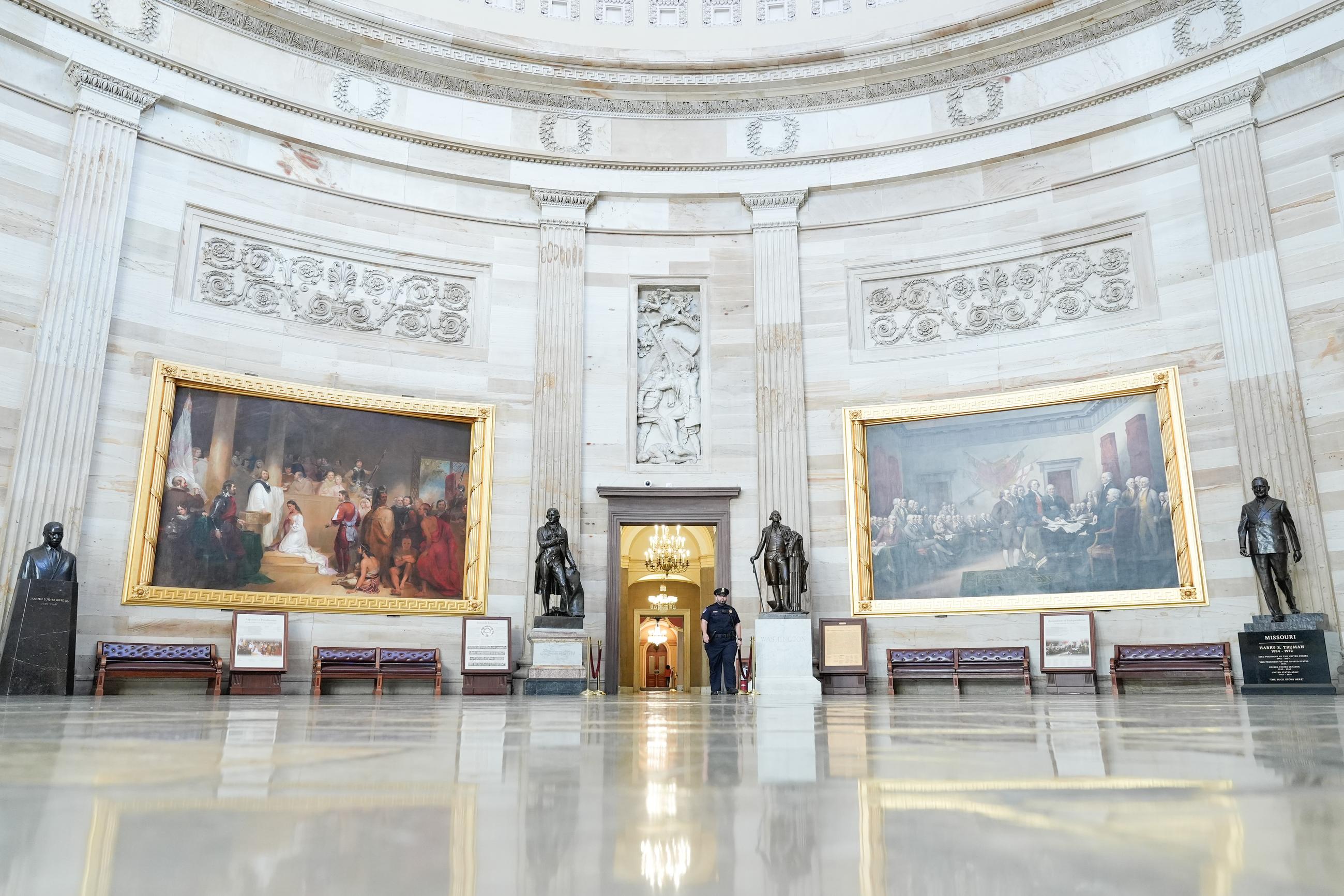 The Rotunda of the U.S. Capitol is closed to visitors Monday, Oct. 20, 2025, in Washington. (AP Photo/Mariam Zuhaib)