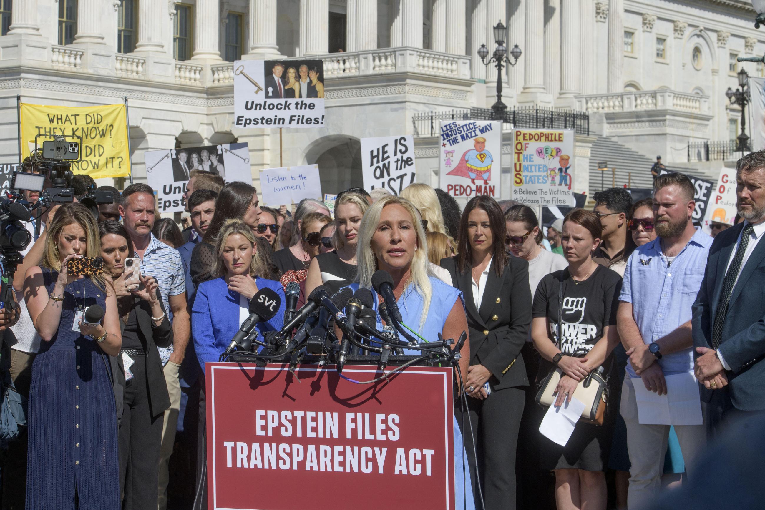 Rep. Marjorie Taylor Greene speaks at a news conference on Capitol Hill regarding release of the Jeffrey Epstein files on Sept. 3. (AP Photo/Rod Lamkey, Jr.)
