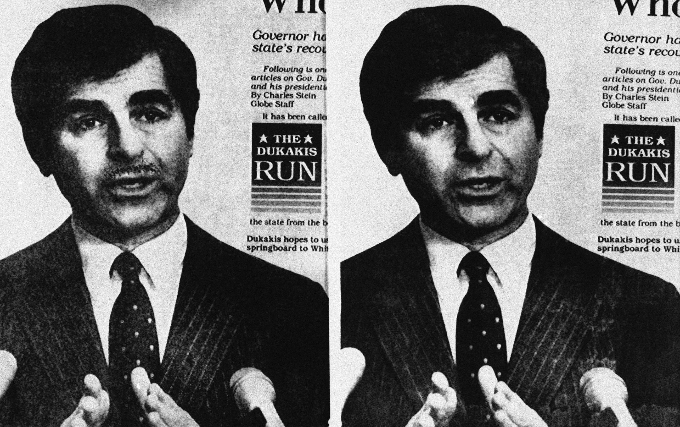 This two picture combo shows Massachusetts Governor Michael S. Dukakis, an intended candidate for the 1988 Democratic presidential nomination, pictured, Tuesday, March 24, 1987 in Boston, Business section of the Boston Globe shown with a mustache, left, in an early press run of some 12,000 newspapers and in latest newspapers without the mustache. The mustached Dukakis was the result of something altering the printing plate prior to the early press run and the corrected ?clean shaven? Dukakis inserted for further editions once the altered photo was discovered. (AP Photo/Mark Lennihan)