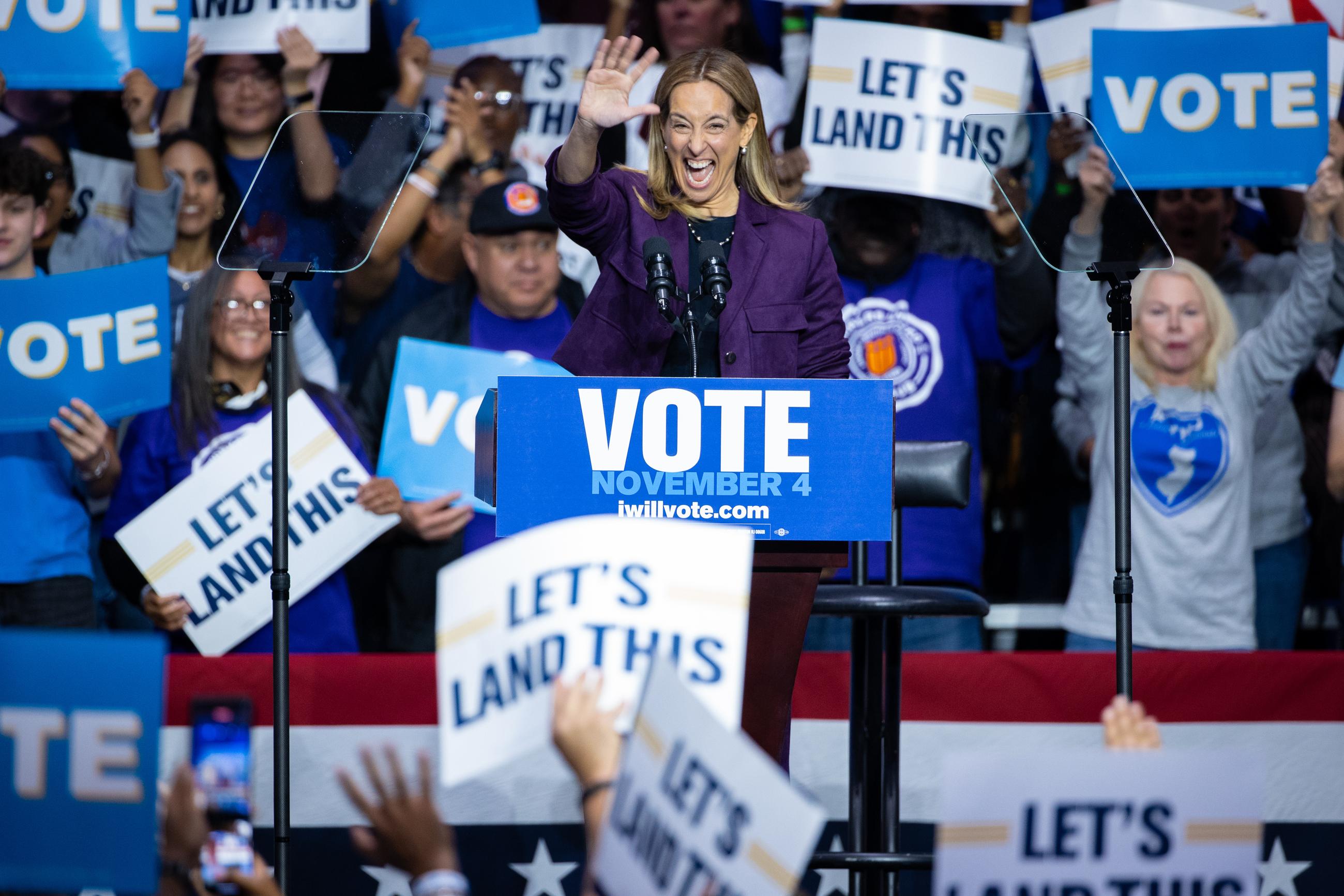 New Jersey Democratic gubernatorial candidate Mikie Sherrill arrives to speak at her rally during a campaign event with former President Obama in Newark on Saturday. (AP Photo/Angelina Katsanis)