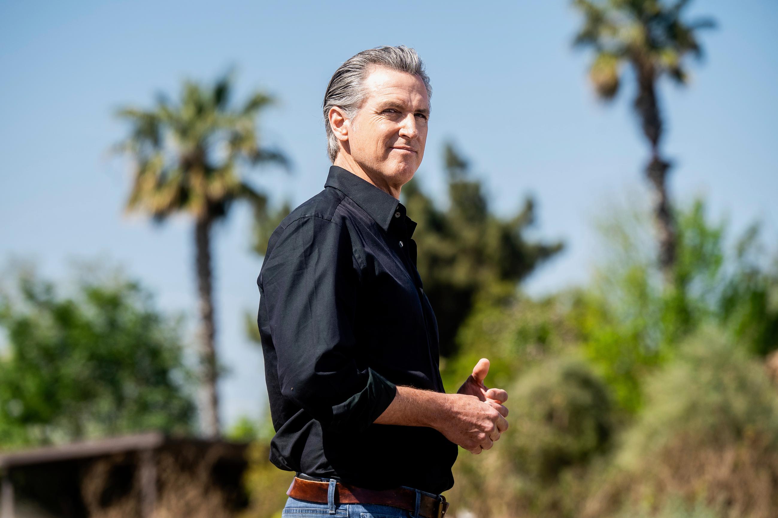 California Gov. Gavin Newsom listens during a press conference about President Donald Trump's tariffs on Wednesday, April 16, 2025, at an almond farm in Ceres, Calif. (AP Photo/Noah Berger)
