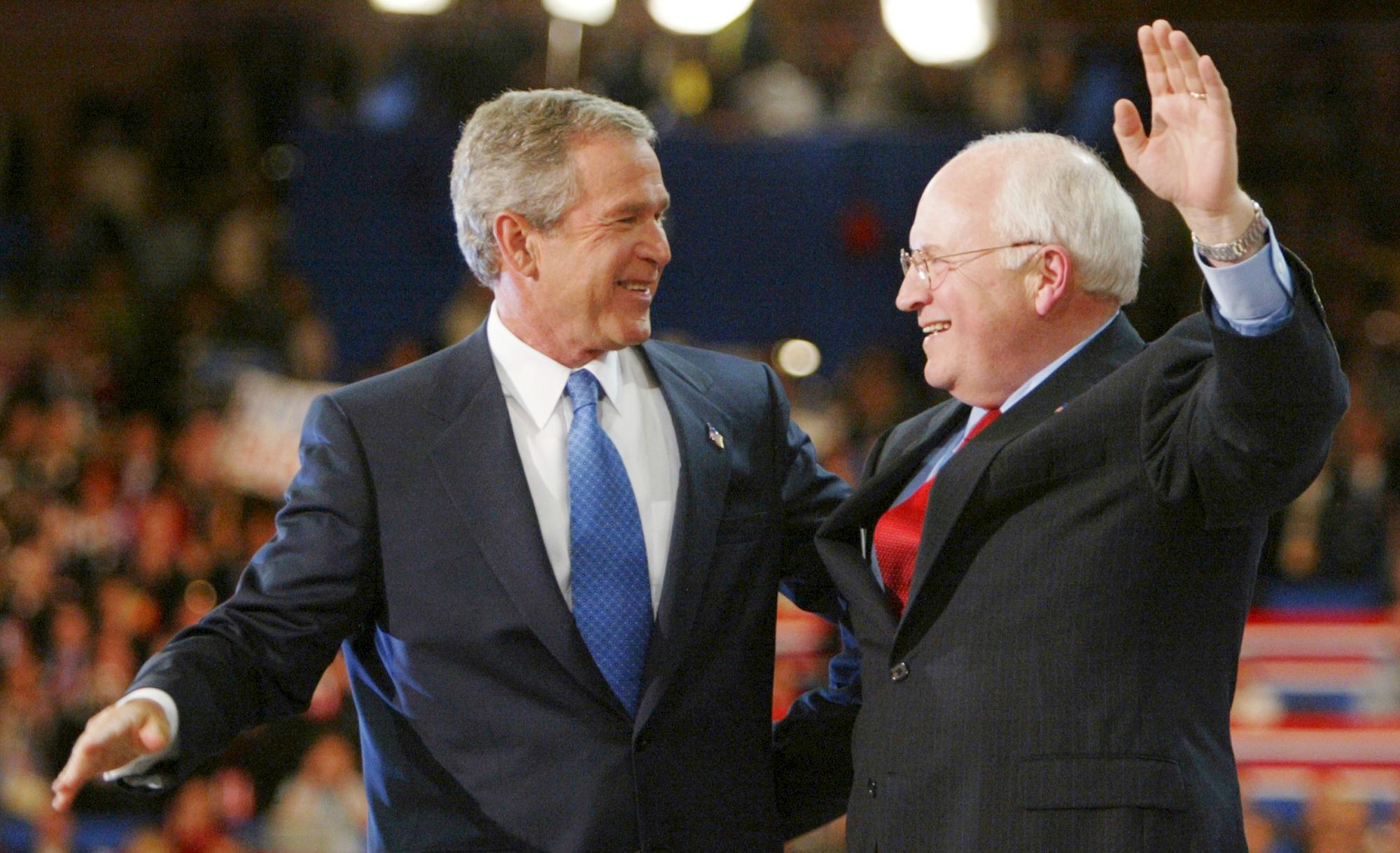 President George W. Bush and Vice President Cheney embrace following Bush's acceptance speech in Madison Square Garden during the final night of the Republican National Convention in 2004. (AP Photo/Charles Dharapak, file)