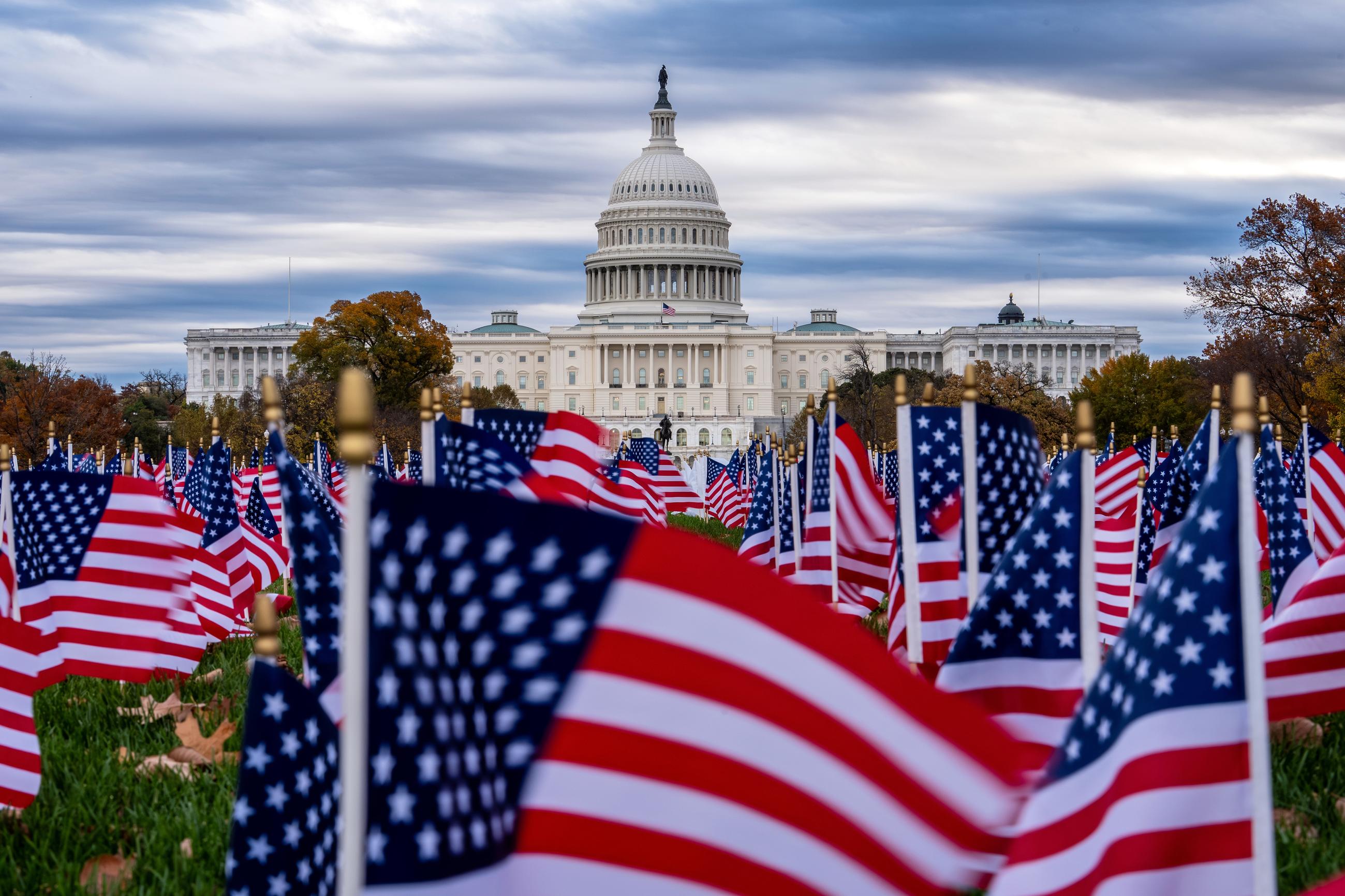 Miniature American flags flutter in wind gusts across the National Mall on Monday. (AP Photo/J. Scott Applewhite)