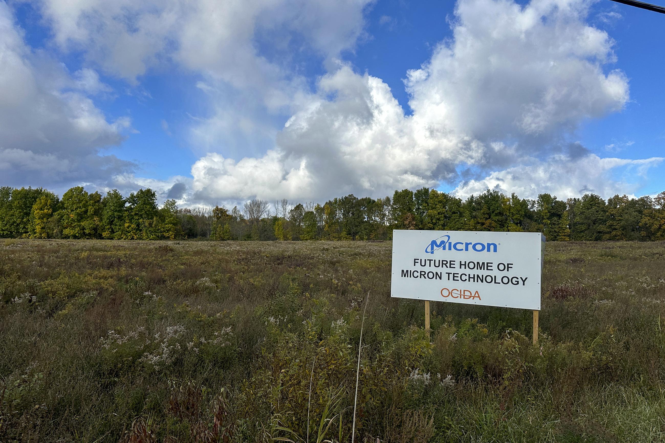 FILE - Land slated to be developed by the company Micron Technology into semiconductor factories is in Clay, N.Y., Tuesday, Oct. 15, 2024. (AP Photo/Ted Shaffrey, file)