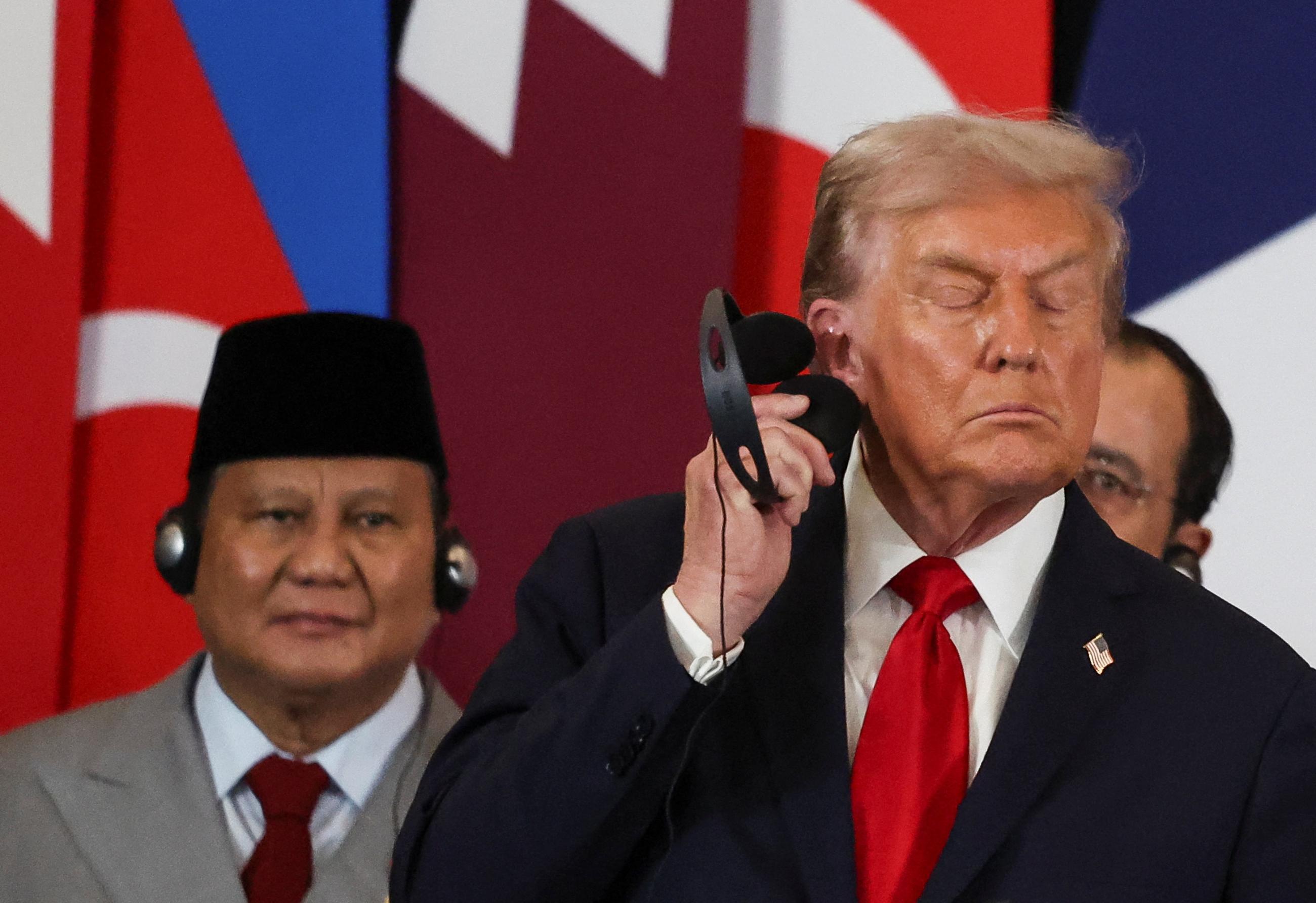 President Trump and Indonesian President Prabowo Subianto at the Gaza International Peace Summit in Sharm el-Sheikh, Egypt, on Oct. 13 (Suzanne Plunkett/Pool Photo via AP)