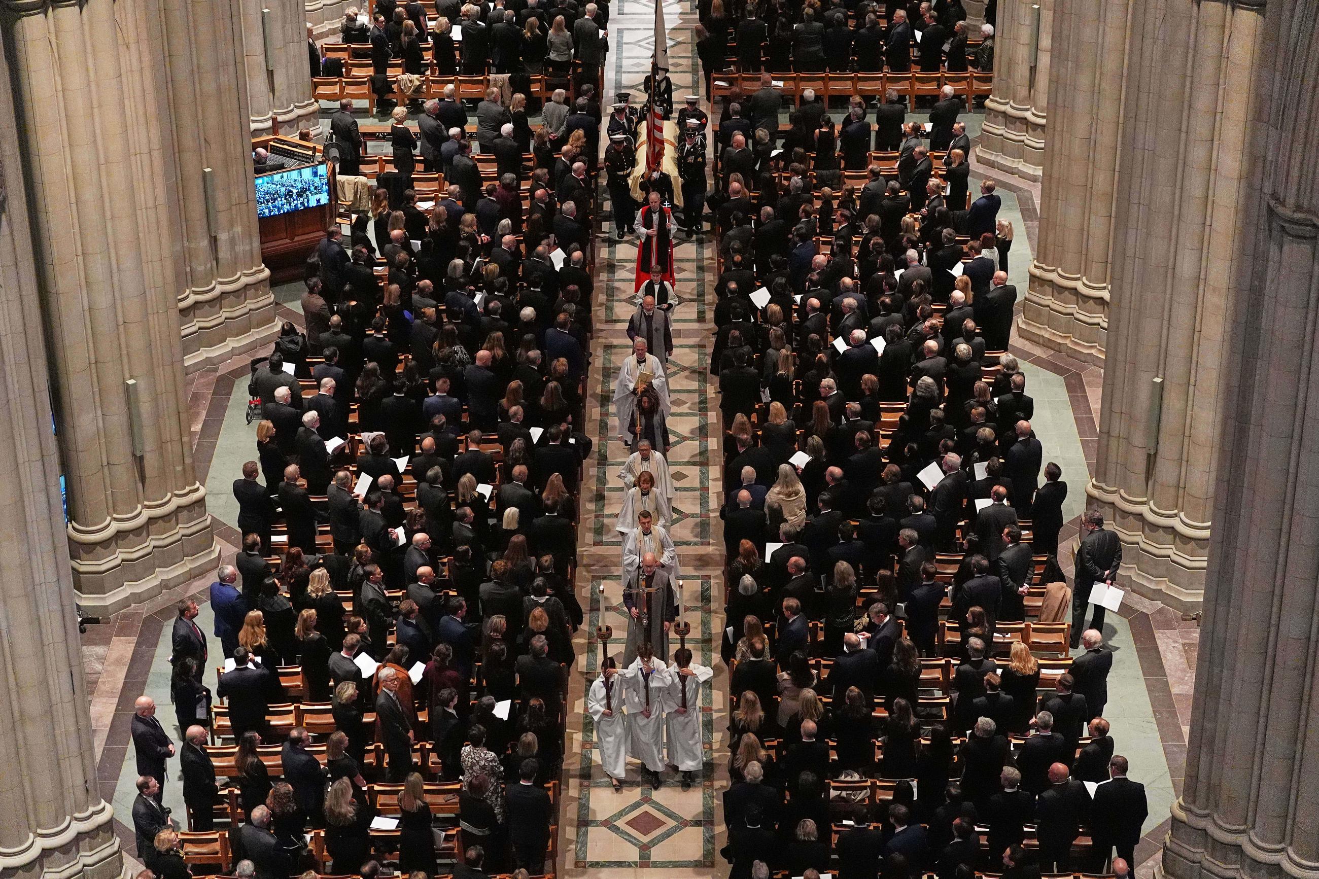 The casket of former Vice President Dick Cheney is carried out following services at Washington National Cathedral on Thursday. (AP Photo/Matt Rourke). (AP Photo/Matt Rourke)