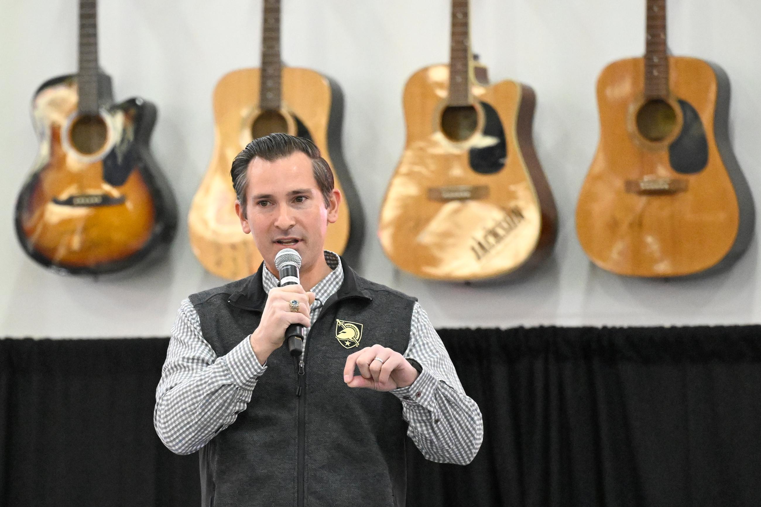 Republican U.S Congressional candidate for the seventh district Matt Van Epps speaks to supporters during a rally Monday, Dec. 1, 2025, in Franklin, Tenn. (AP Photo/John Amis)