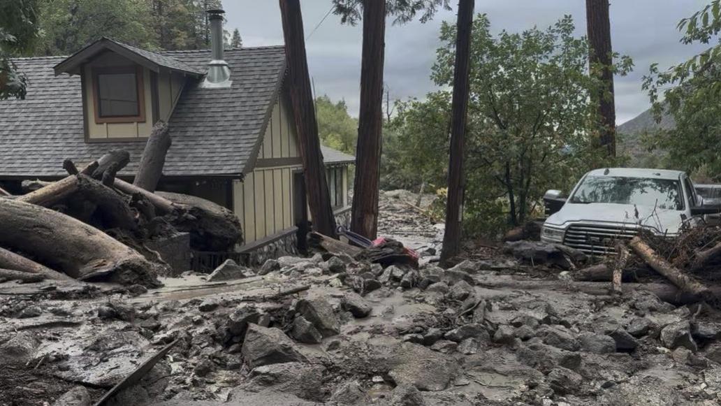 This photo provided by the San Bernardino County Fire Department shows damage caused by mudslides after storms in Forest Falls, Calif., on Sept. 18. (San Bernardino County Fire Department via AP)