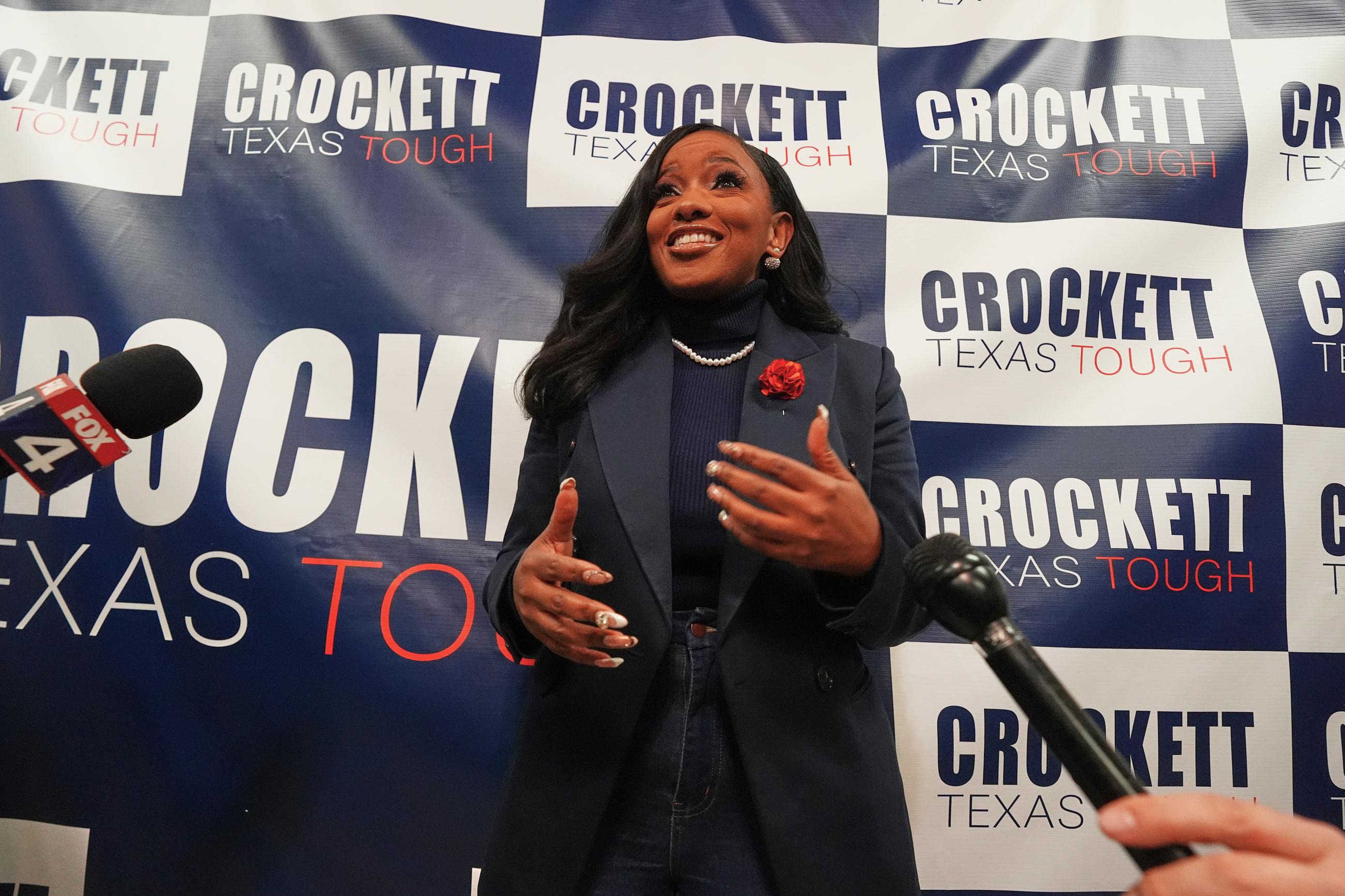 Rep. Jasmine Crockett, D-Texas, speaks to reporters after announcing her run in the Democratic primary for U.S. Senate, Monday, Dec. 8, 2025, in Dallas. (AP Photo/LM Otero)