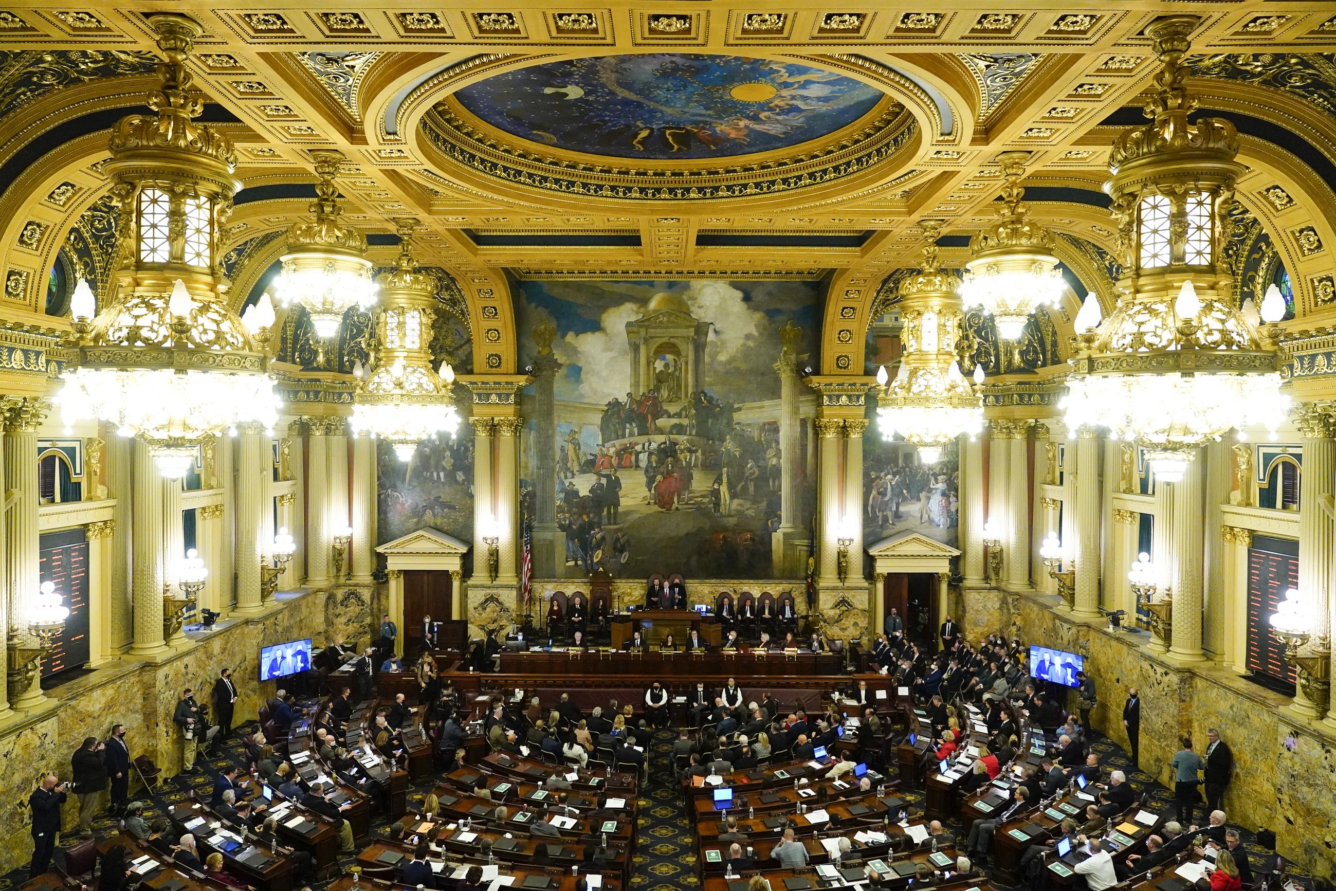 Democratic Gov. Tom Wolf delivers his budget address for the 2022-23 fiscal year to a joint session of the Pennsylvania House and Senate in Harrisburg, Pa., Tuesday, Feb. 8, 2022. (AP Photo/Matt Rourke)