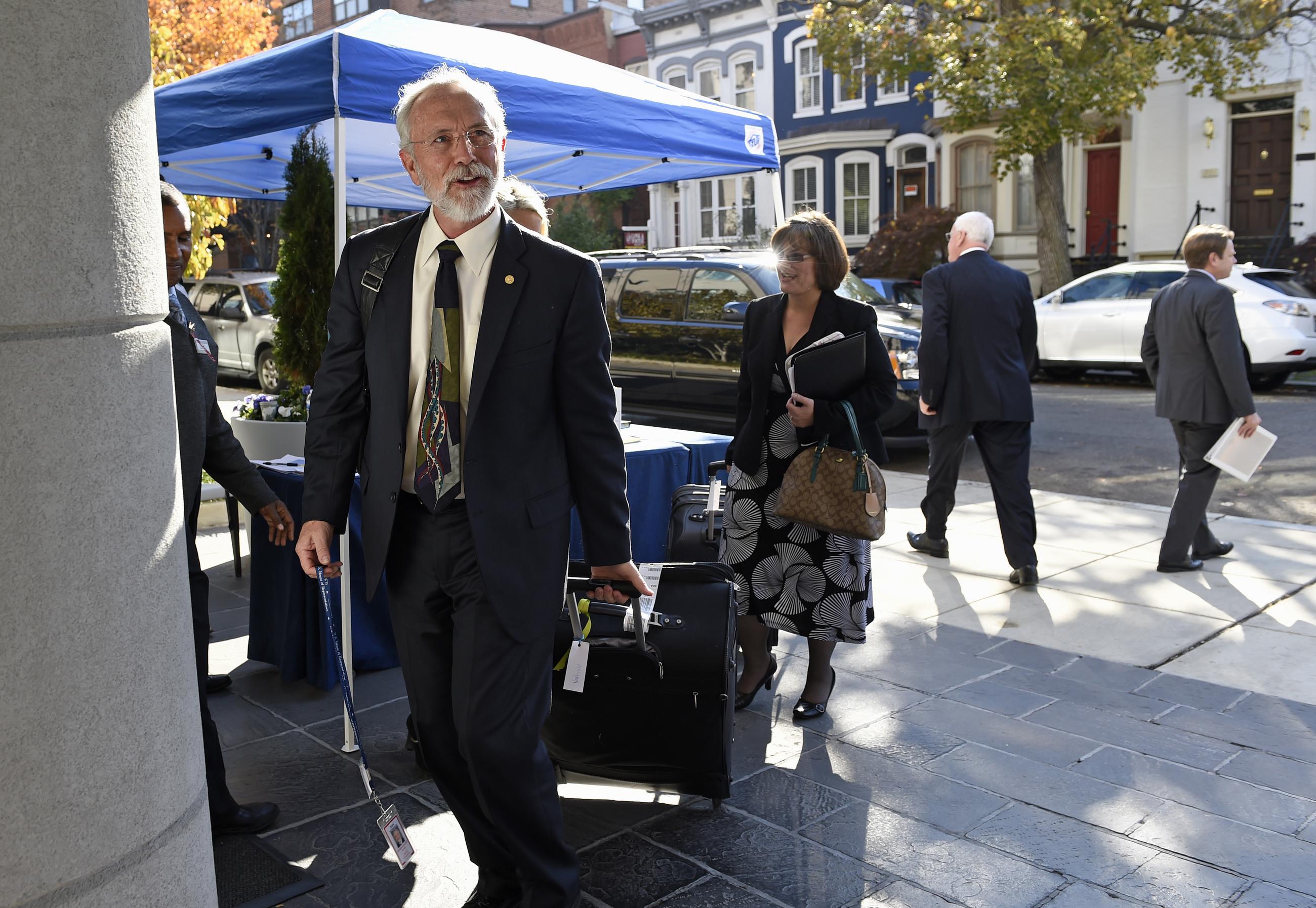 Rep.-elect Dan Newhouse, R-Wash. arrives at the Capitol Hill Hotel on Capitol Hill in Washington, Wednesday, Nov. 12, 2014, for new member orientation. (AP Photo/Susan Walsh)