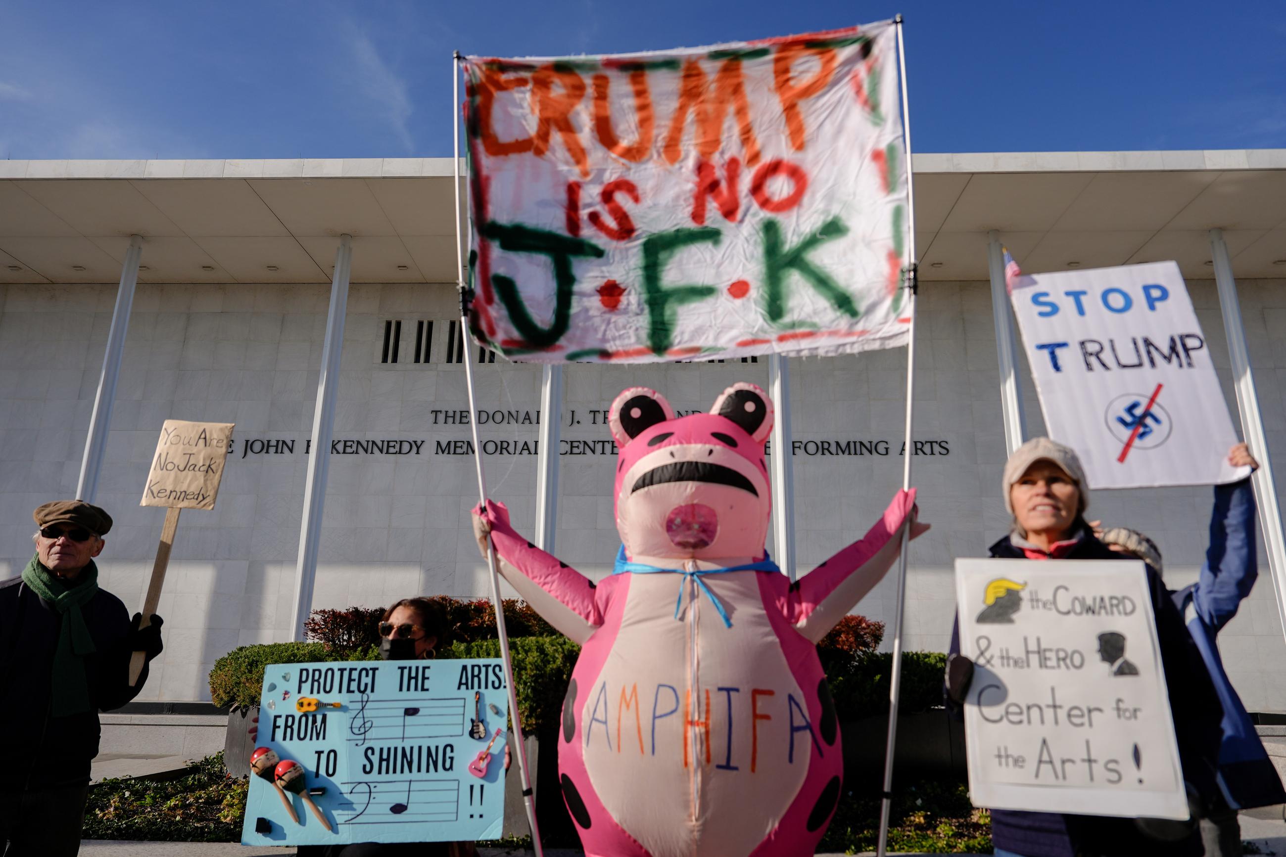 Demonstrators in front of the John F. Kennedy Memorial Center for the Performing Arts on Dec. 20 (AP Photo/Julia Demaree Nikhinson)