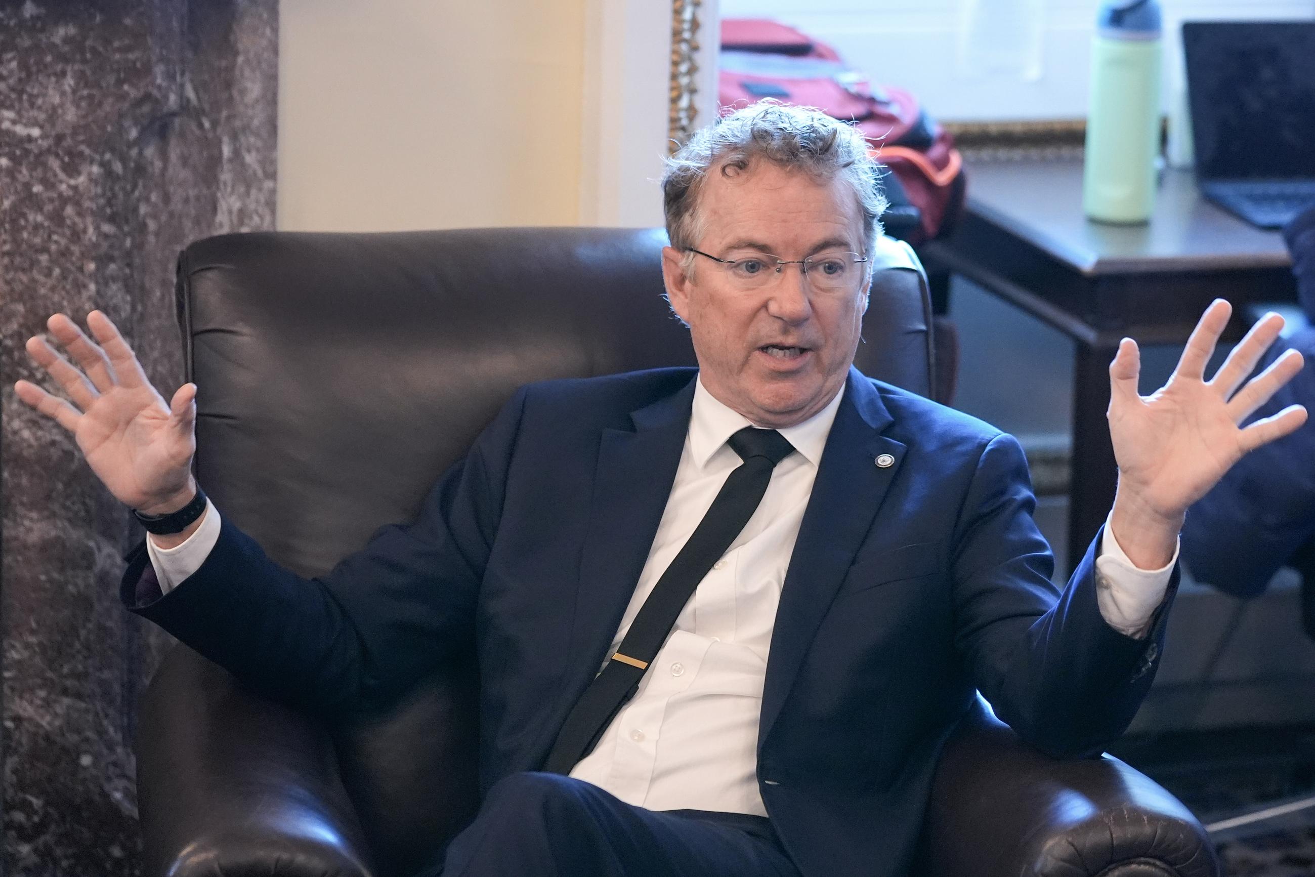 Sen. Rand Paul speaks to reporters about a war-powers resolution regarding Venezuela on Capitol Hill Wednesday. (AP Photo/Mariam Zuhaib)