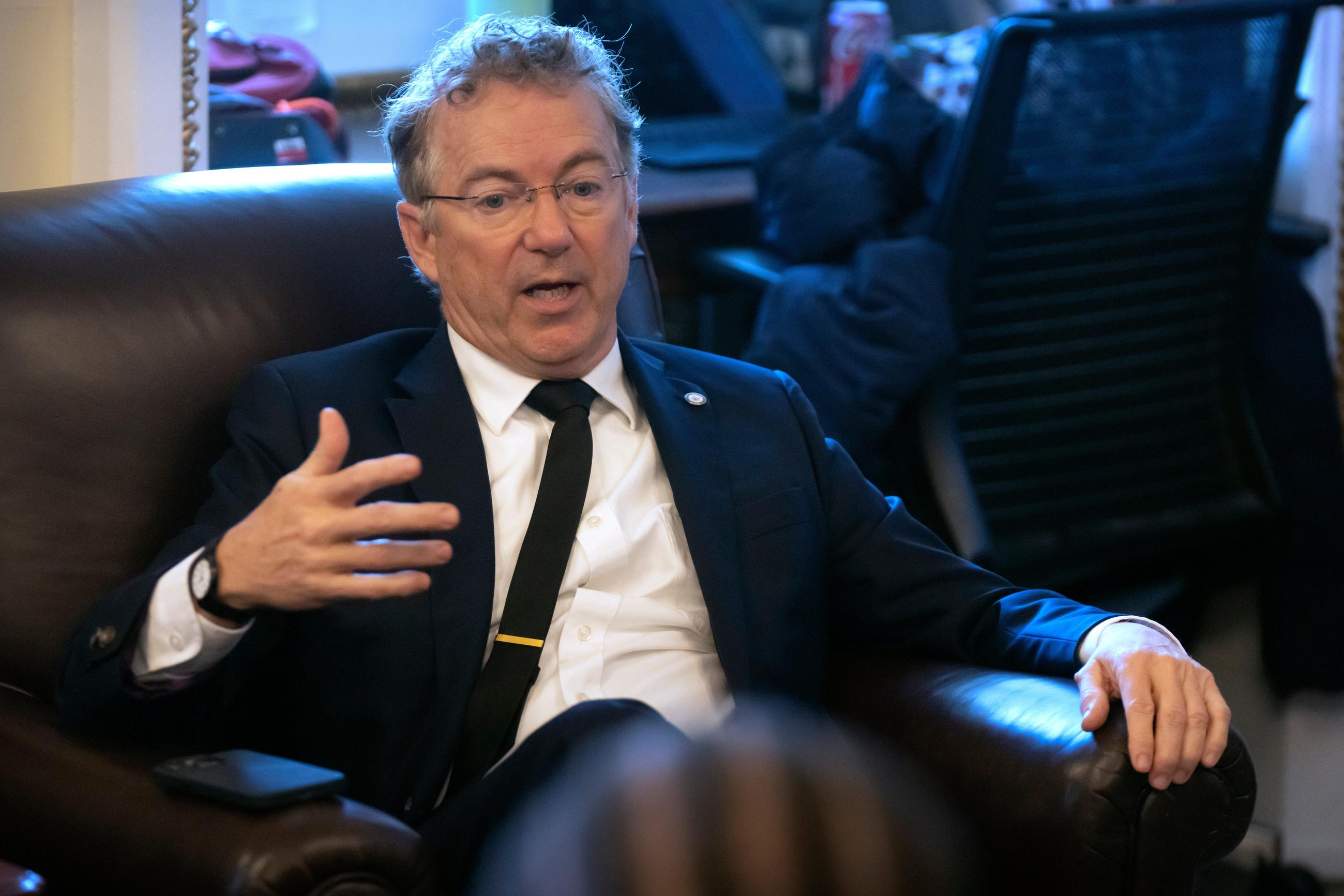 Sen. Rand Paul, R-Ky., speaks with reporters at the Capitol, Wednesday, Jan. 7, 2026, in Washington. (AP Photo/Mark Schiefelbein)