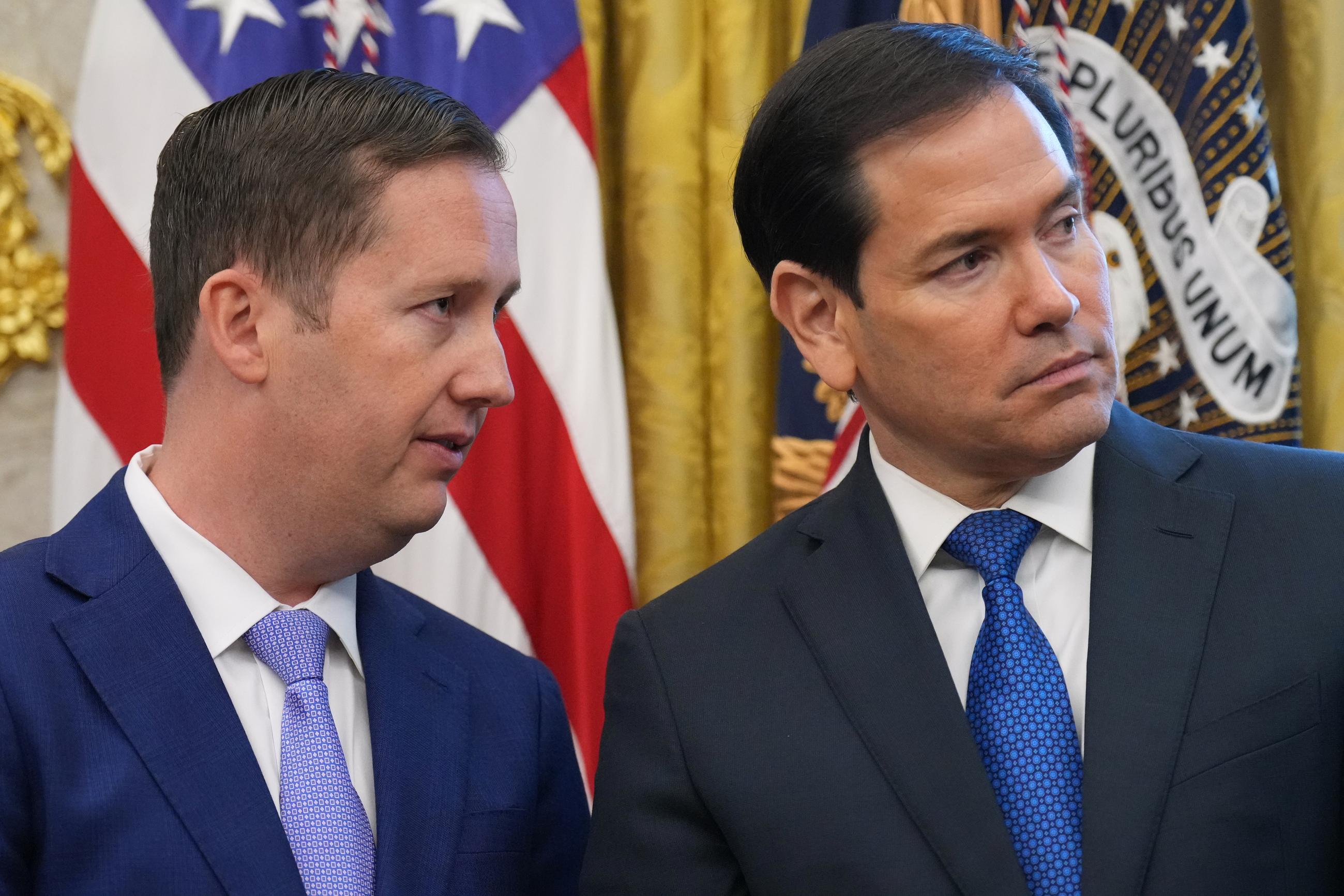 U.S. Ambassador to India Sergio Gor and Secretary of State Marco Rubio listen as President Trump speaks to reporters in the Oval Office on Nov. 10. (AP Photo/Jacquelyn Martin)