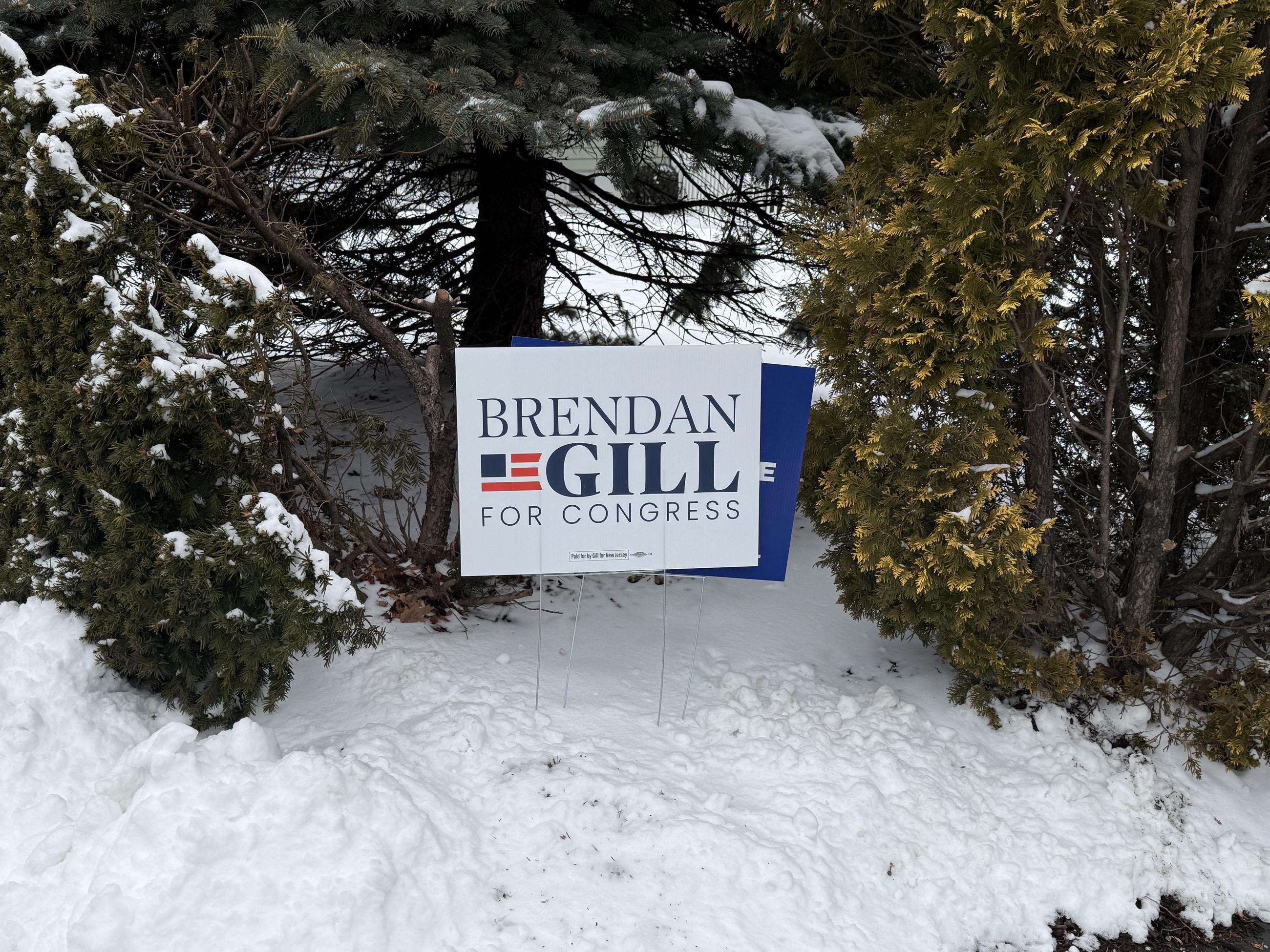 A campaign sign for Essex County Commissioner Brendan Gill, a Democratic congressional candidate in New Jersey's 11th Congressional District, in Montclair, N.J., on Dec. 28 (National Journal/Nicholas Anastácio)