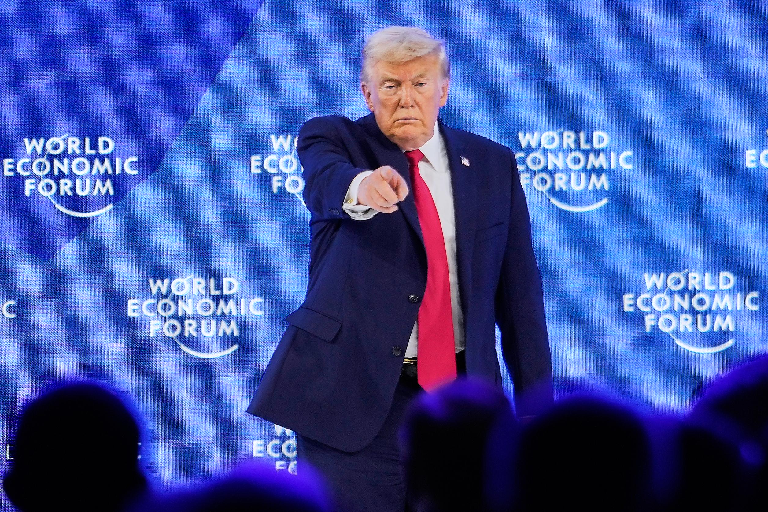 President Trump reacts after his speech during the Annual Meeting of the World Economic Forum in Davos, Switzerland, on Wednesday. (AP Photo/Markus Schreiber)