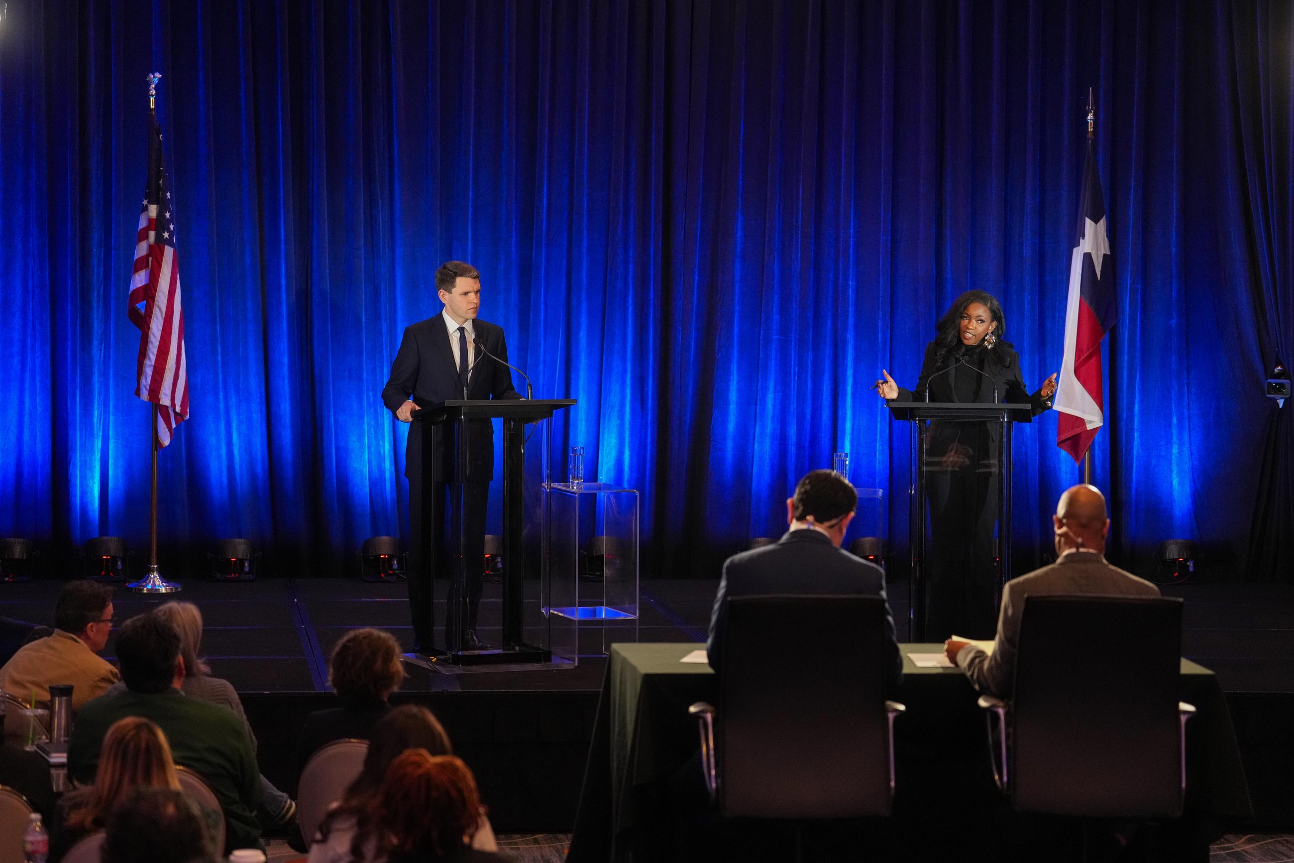 Democratic primary candidates for U.S. Senate, Texas state Rep. James Talarico, D-Austin, left, and Rep. Jasmine Crockett, D-Texas, right, participate in a debate during the Texas AFL-CIO Committee on Political Education Convention, Saturday, Jan. 24, 2026, in Georgetown, Texas. (Bob Daemmrich/Texas Tribune via AP, Pool)