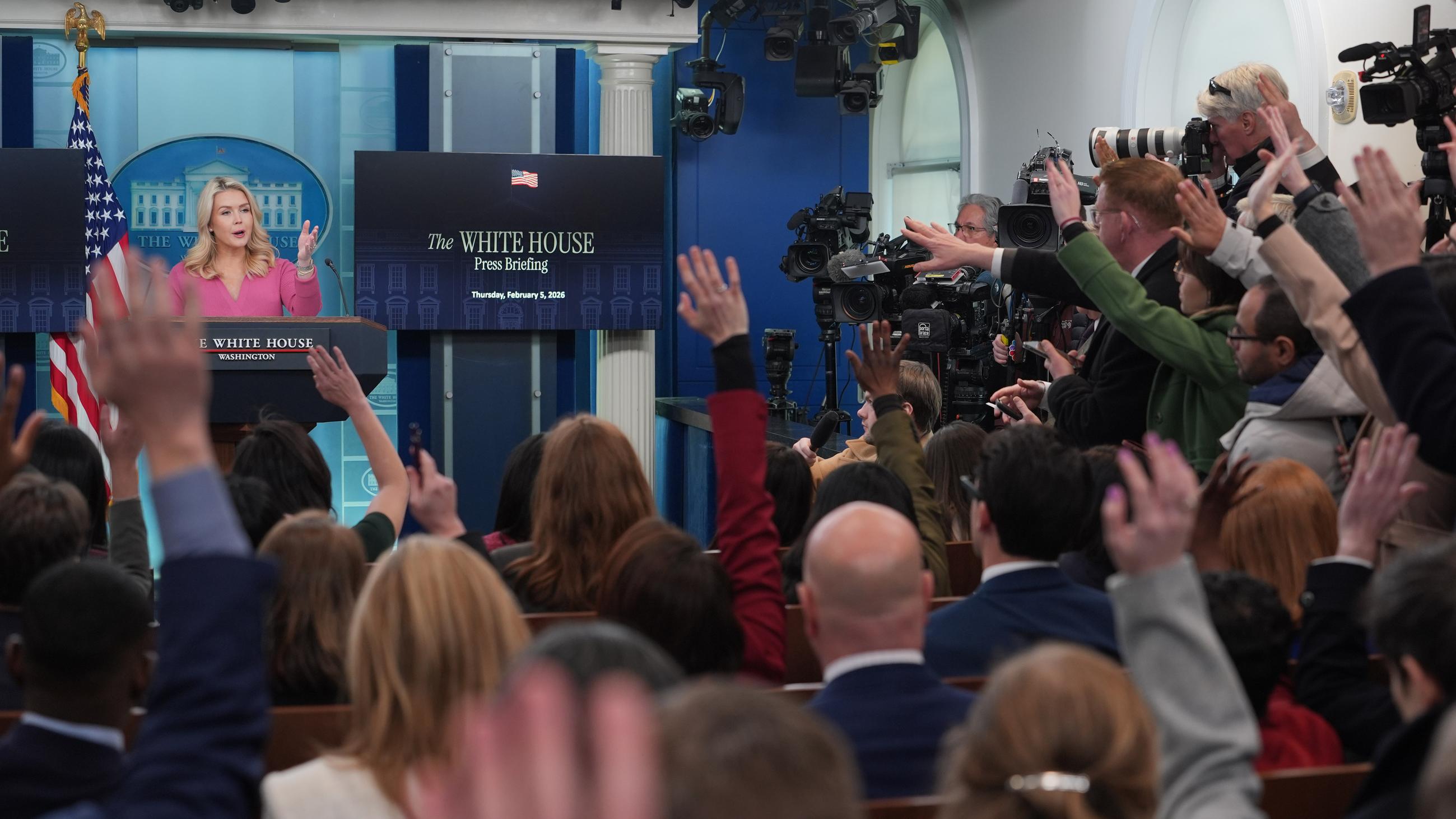 White House press secretary Karoline Leavitt speaks during a briefing at the White House, Thursday, Feb. 5, 2026, in Washington. (AP Photo/Evan Vucci)