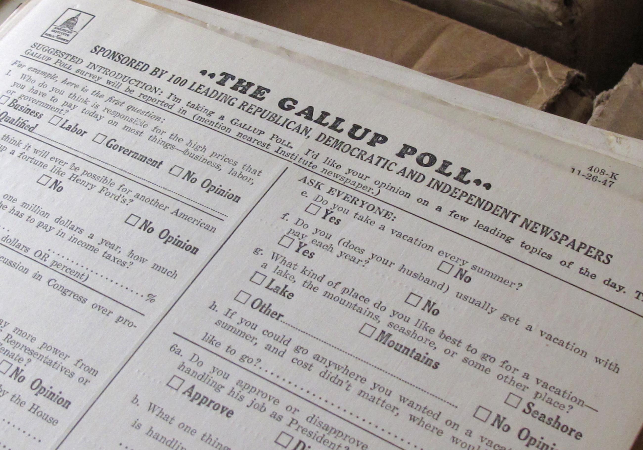 This 2012 photo shows a 1947 survey for the Gallup Poll at the University of Iowa library in Iowa City, Iowa.  (AP Photo/Ryan J. Foley)