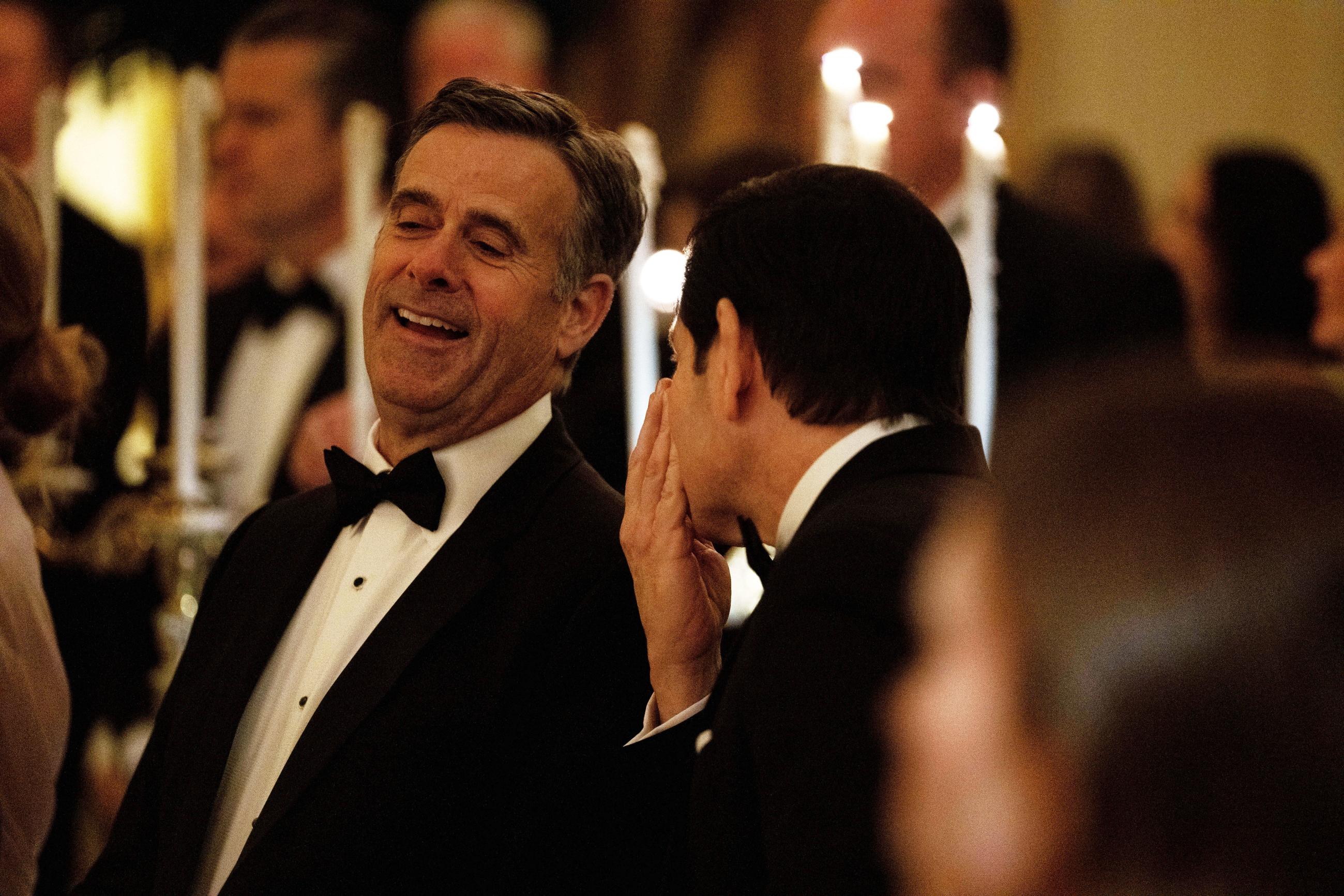 Secretary of State Marco Rubio whispers to CIA Director John Ratcliffe during the National Governors Association dinner at the White House on Feb. 21. (AP Photo/Allison Robbert)