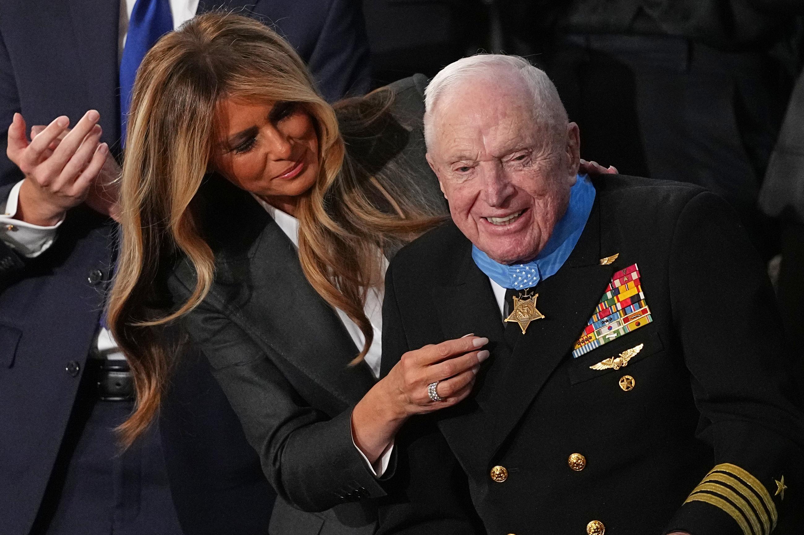 First lady Melania Trump presents the Medal of Honor to World War II Navy pilot Capt. Royce Williams during the State of the Union address on Tuesday. (AP Photo/Matt Rourke)