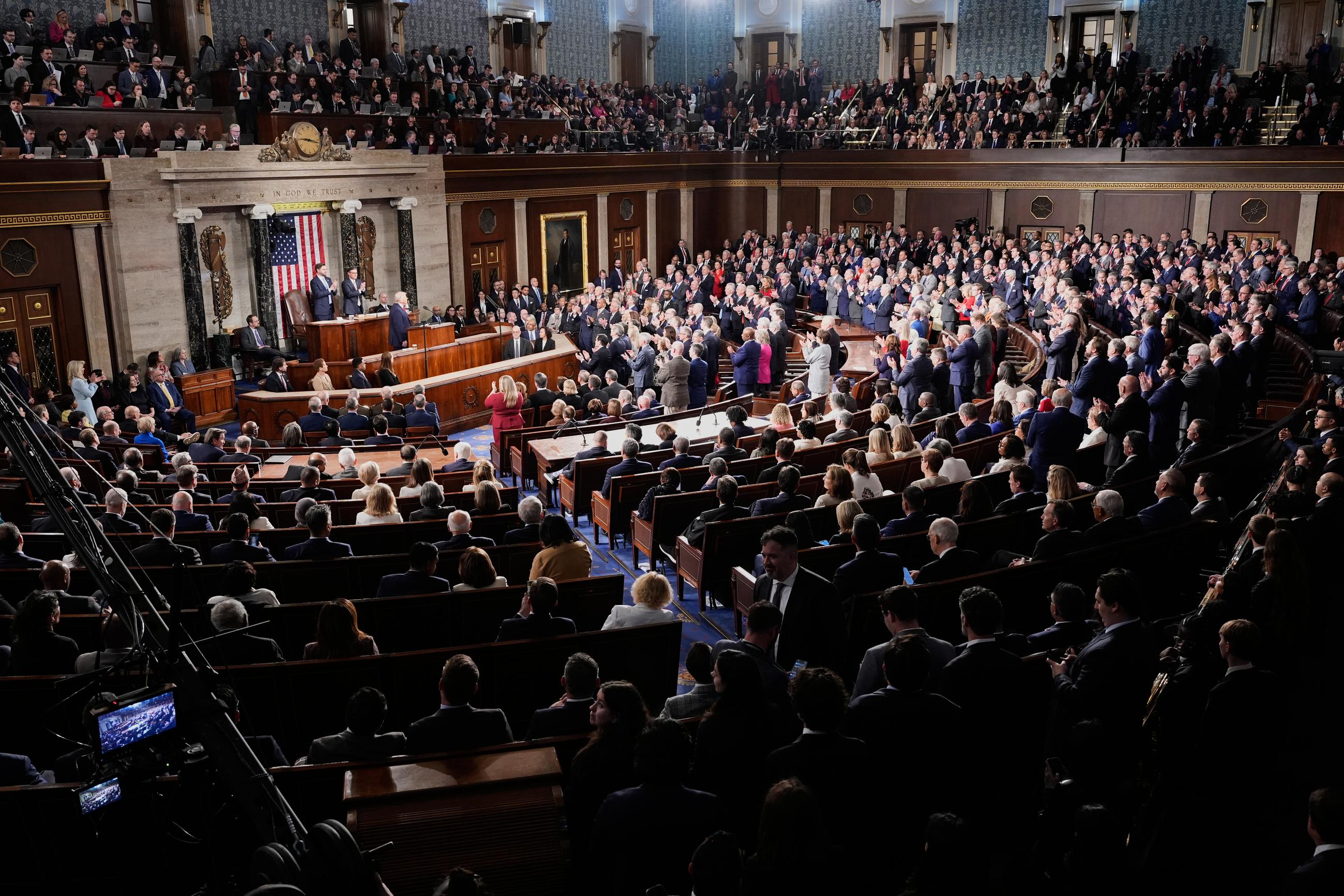 Republican members of Congress stand while Democrats keep their seats during President Trump's State of the Union address on Tuesday. (AP Photo/Alex Brandon)