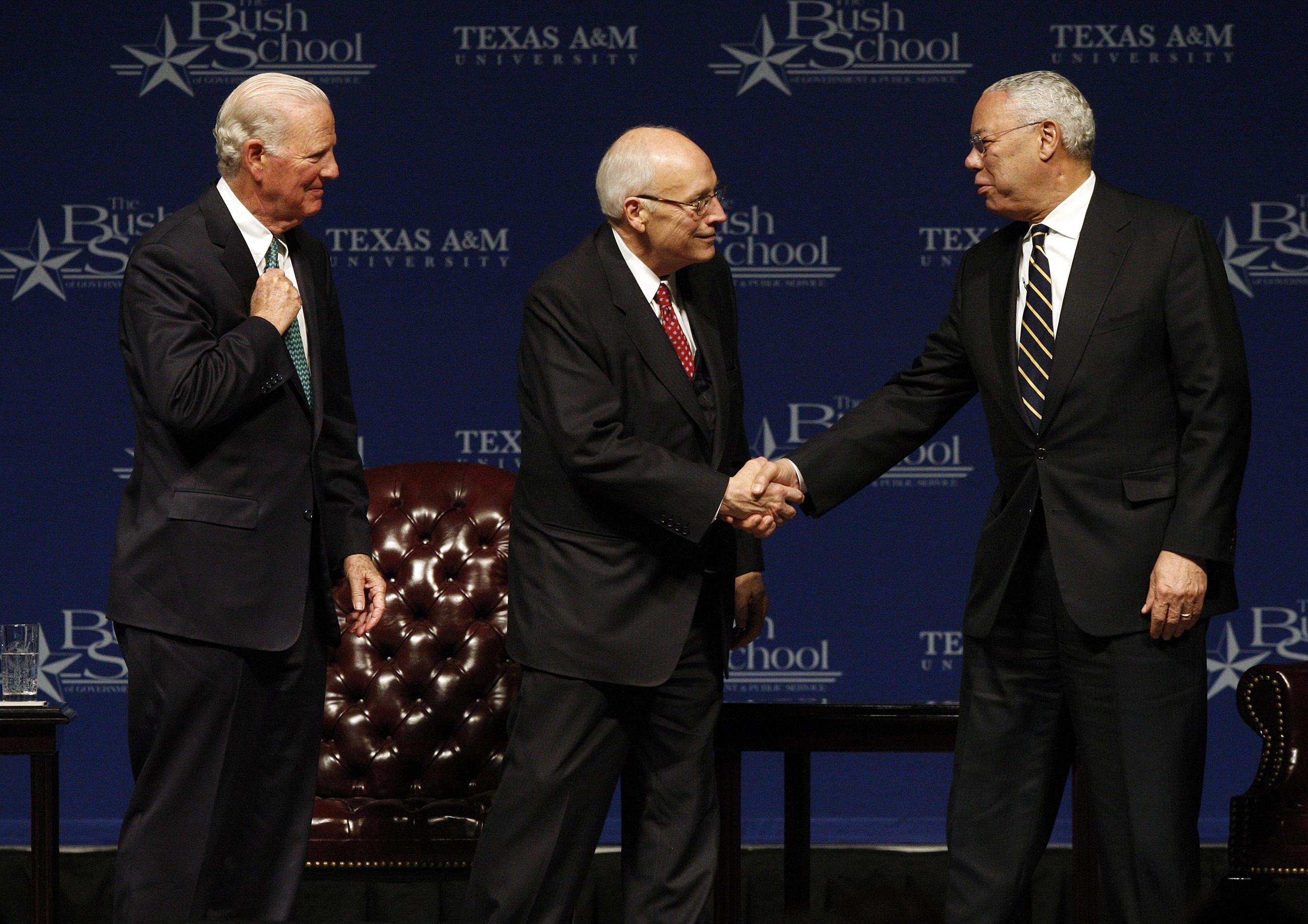 Former Secretaries of State James Baker and Colin Powell with former Vice President Dick Cheney at an event in 2011 in College Station, Texas, to commemorate the 20th anniversary of the start of military operations to liberate Kuwait from Iraqi dictator Saddam Hussein (AP Photo/Bob Levey)