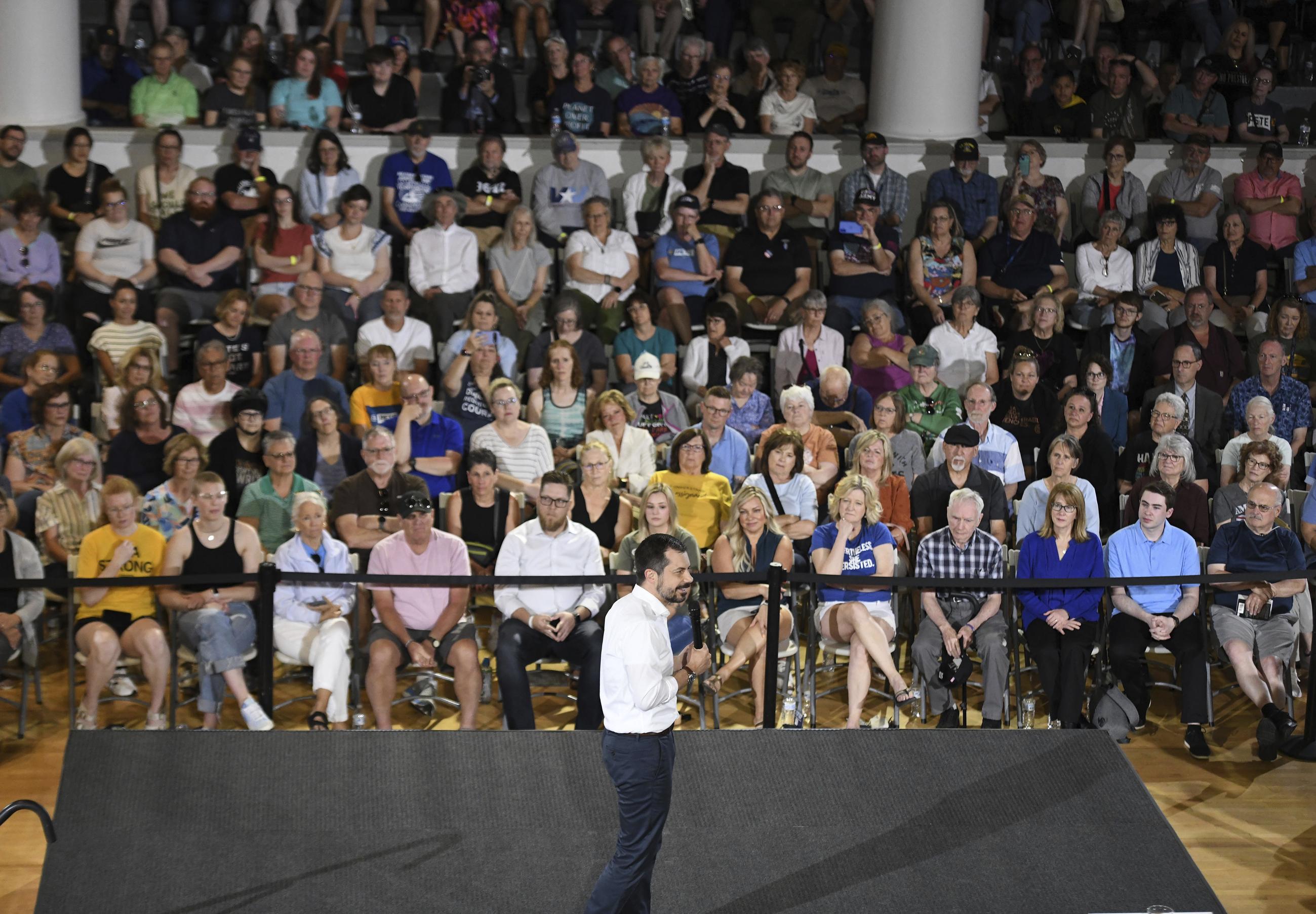 Buttigieg answers questions during a VoteVets Town Hall in Cedar Rapids, Iowa, in May 2025. (AP Photo/Cliff Jette)