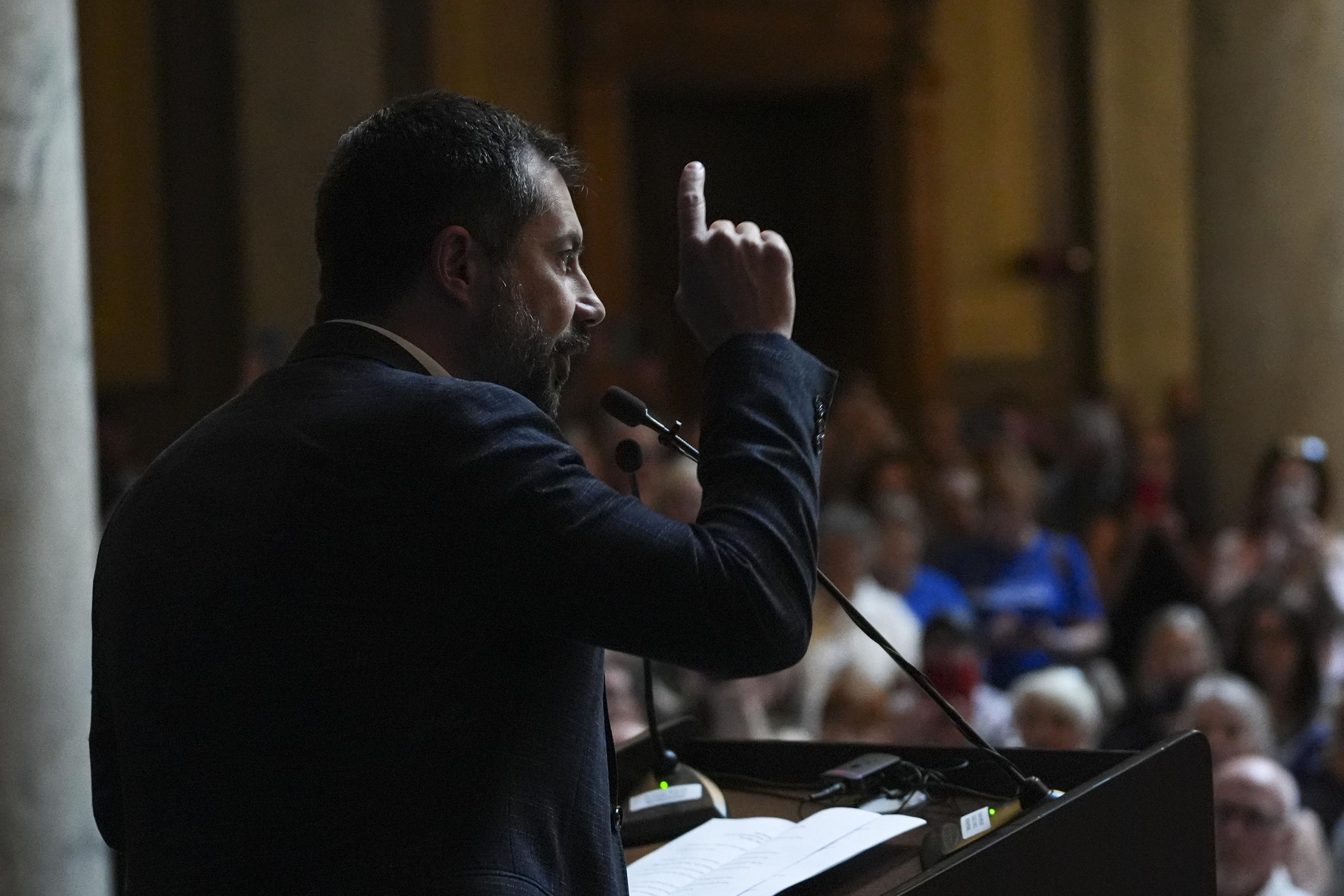 Buttigieg speaks at the Statehouse in Indianapolis in September 2025. (AP Photo/Michael Conroy)