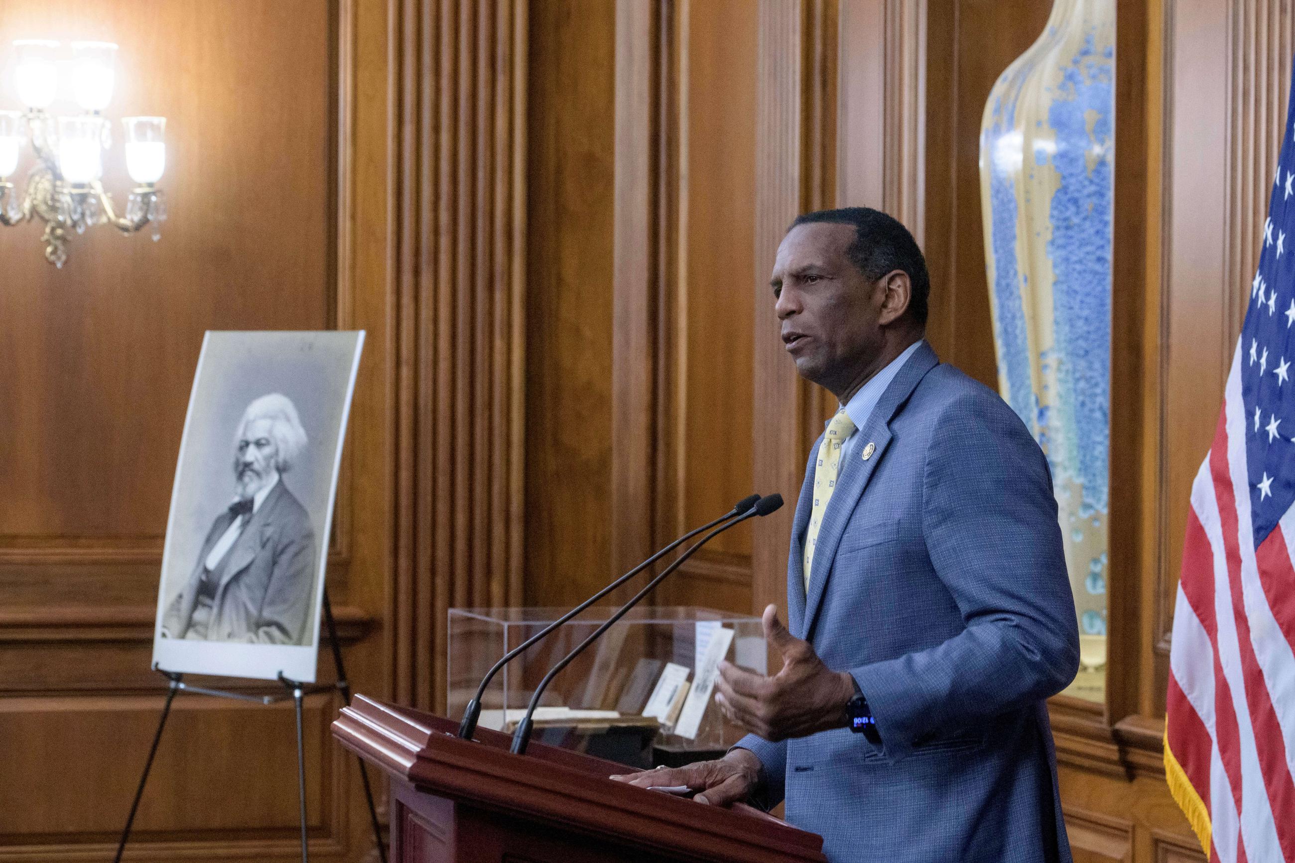 Rep. Burgess Owens, R-Utah, speaks during a formal dedication of the House Press Gallery in honor of Frederick Douglass on Capitol Hill, Thursday, Feb., 12, 2026, in Washington. Frederick Douglass was the first African American reporter admitted into the Capitol press galleries. (AP Photo/Rod Lamkey, Jr.)