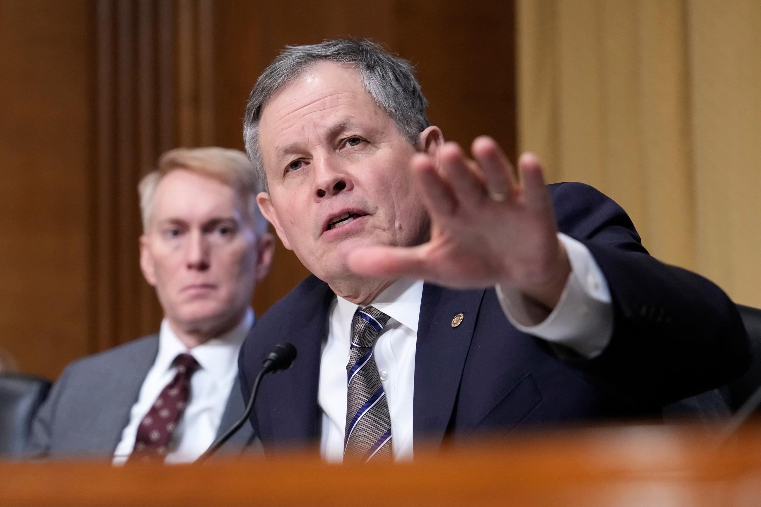 FILE - Sen. Steve Daines, R-Mont., speaks at the Senate Finance Committee confirmation hearing for Scott Bessent, President-elect Donald Trump's choice to be Secretary of the Treasury, at the Capitol in Washington, Jan. 16, 2025. (AP Photo/Ben Curtis, File)
