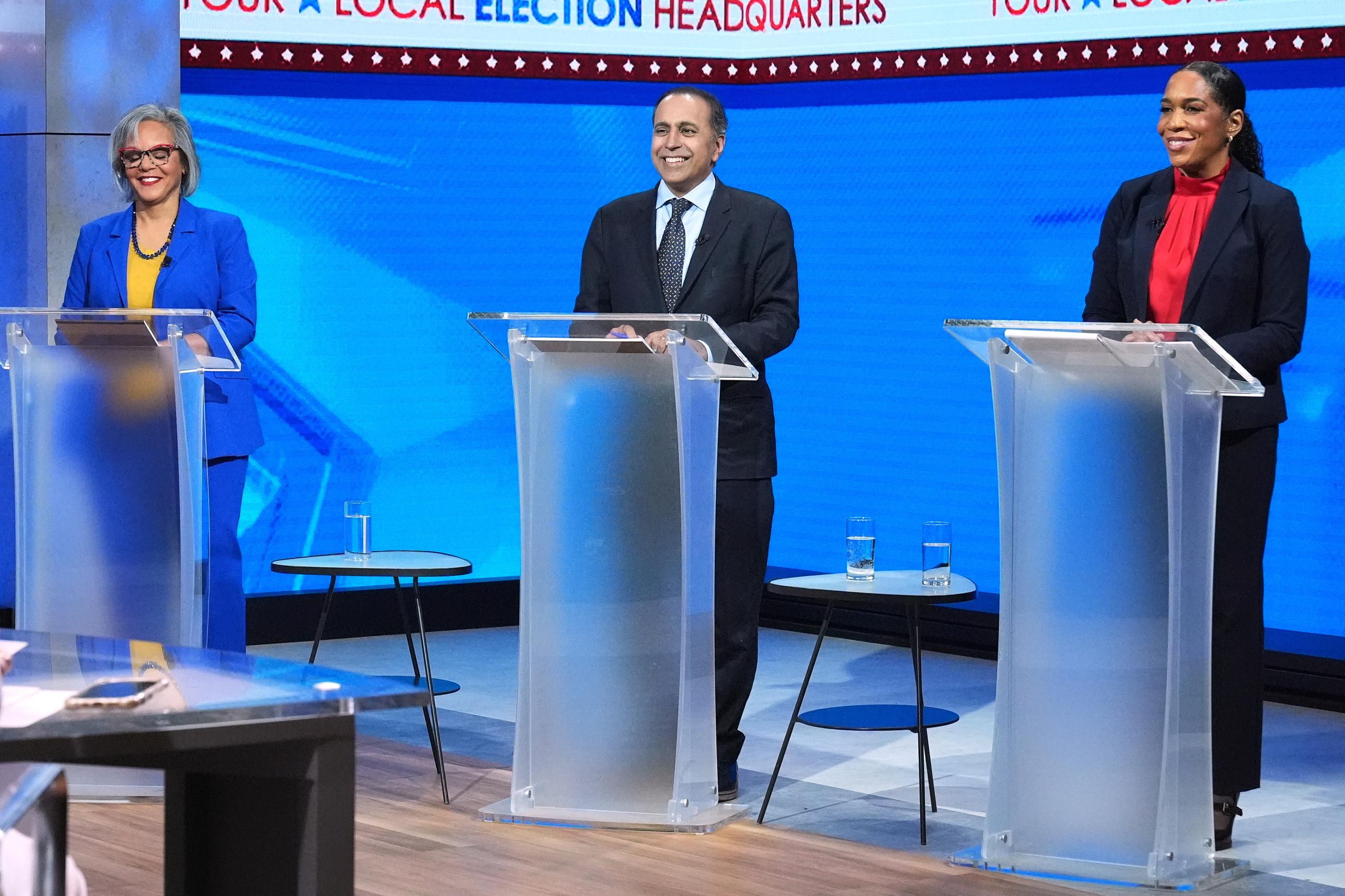 Rep. Robin Kelly, Rep. Raja Krishnamoorthi, and Illinois Lt. Gov. Juliana Stratton at a U.S. Senate Democratic primary debate in Chicago on Feb. 19 (AP Photo/Nam Y. Huh)