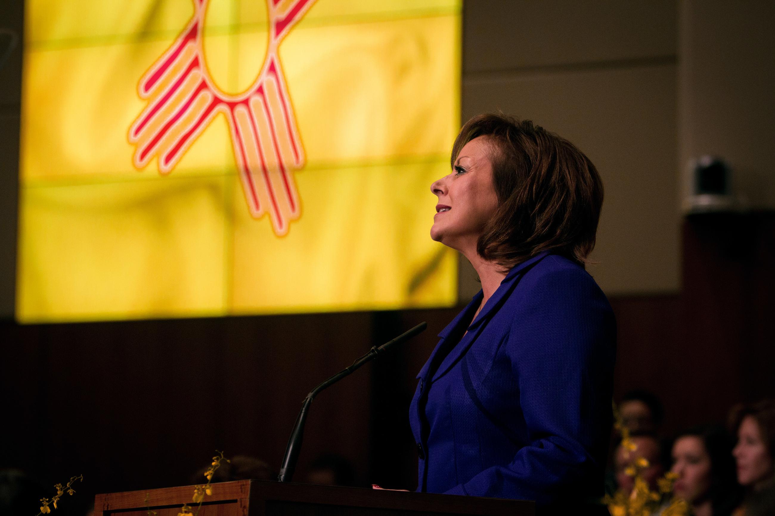 FILE--In this Jan. 19, 2016 file photo, then-New Mexico Gov. Susana Martinez (R) gives her State of the State address at the Capitol in Santa Fe. (AP Photo/Mark Holm, file)