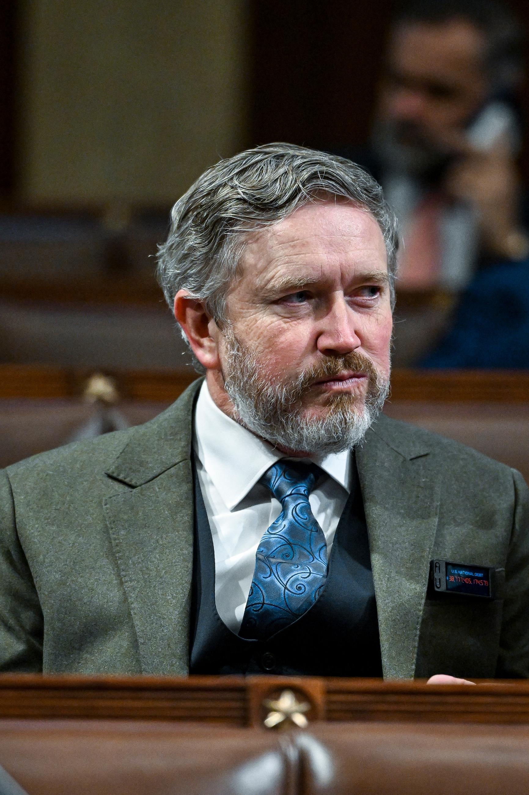 Rep. Thomas Massie, R-Ky., appears before President Donald Trump delivers the first State of the Union address of his second term in Washington, Tuesday, Feb. 24, 2026. (Kenny Holston/The New York Times via AP, Pool)