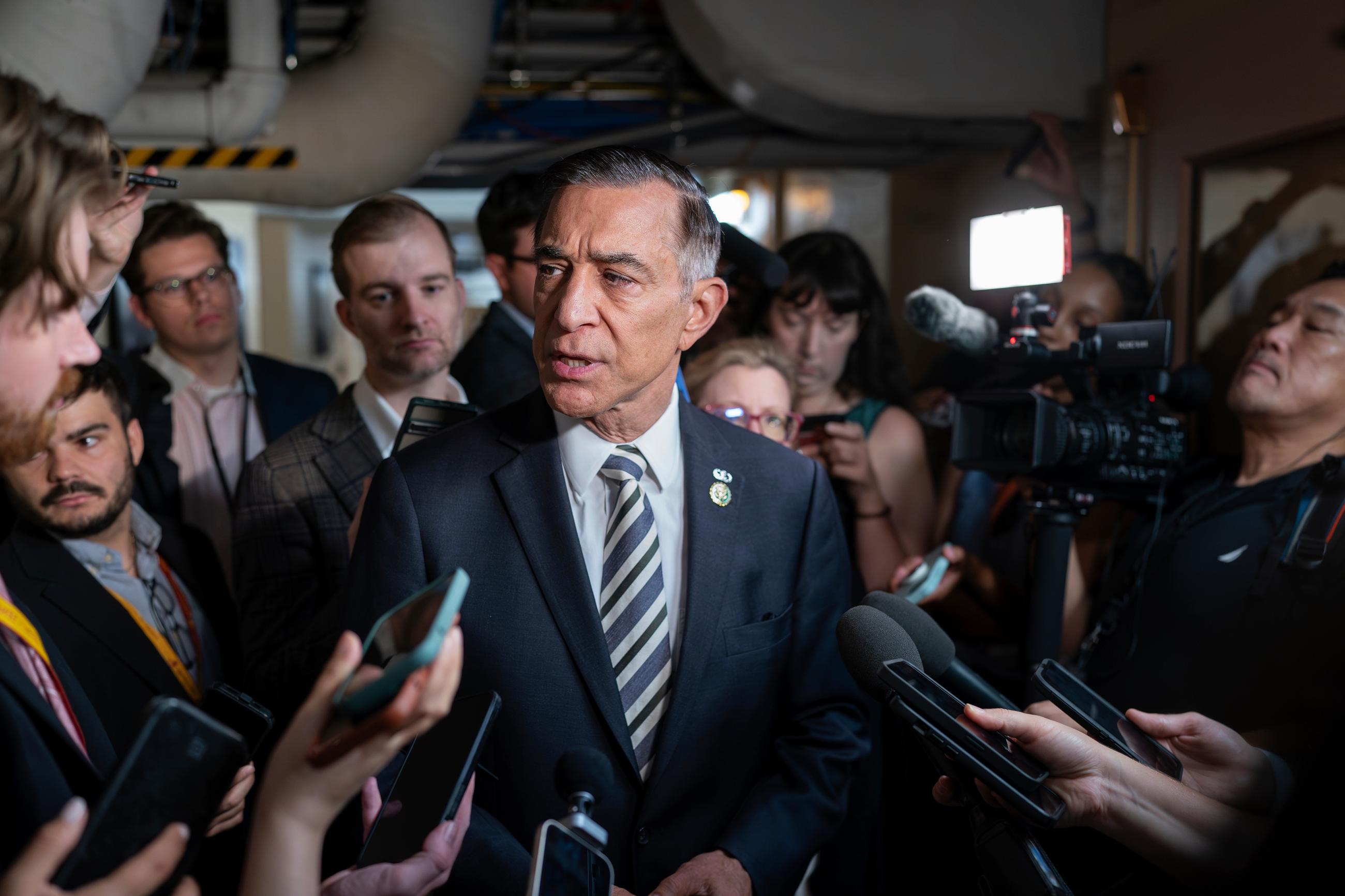 FILE - Rep. Darrell Issa, R-Calif., speaks with reporters following a closed-door meeting with fellow Republicans at the Capitol in Washington, Sept. 14, 2023. (AP Photo/J. Scott Applewhite, File)