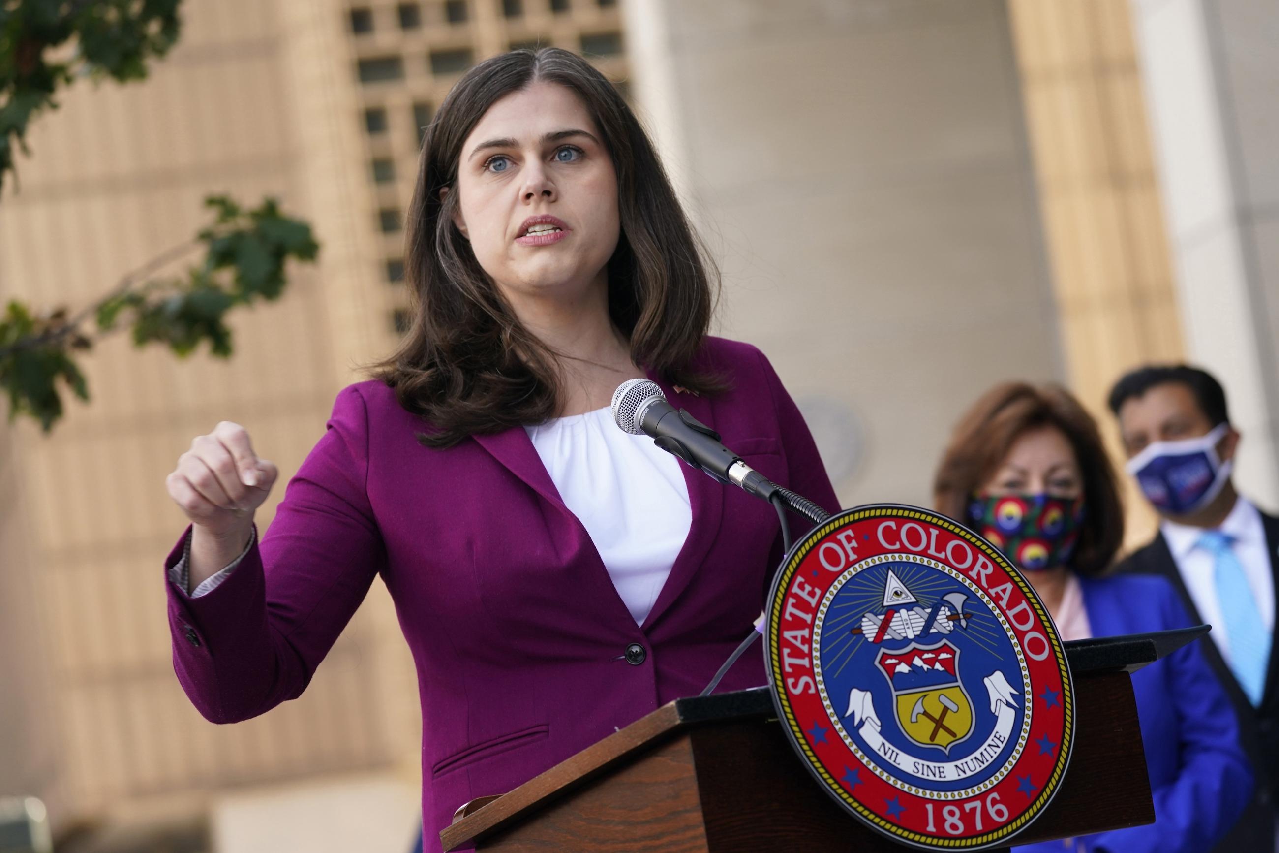 FILE - Colorado's Democratic incumbent Secretary of State Jena Griswold speaks during a news conference in Denver on Oct. 15, 2020. A Nebraska man drew an 18-month prison sentence Thursday, Oct. 6, 2022, for online threats he made last year against Griswold, Colorado’s top elections official, marking one of the first cases brought by a federal task force devoted to protecting elections workers nationwide from a surge in threats. (AP Photo/David Zalubowski, File)